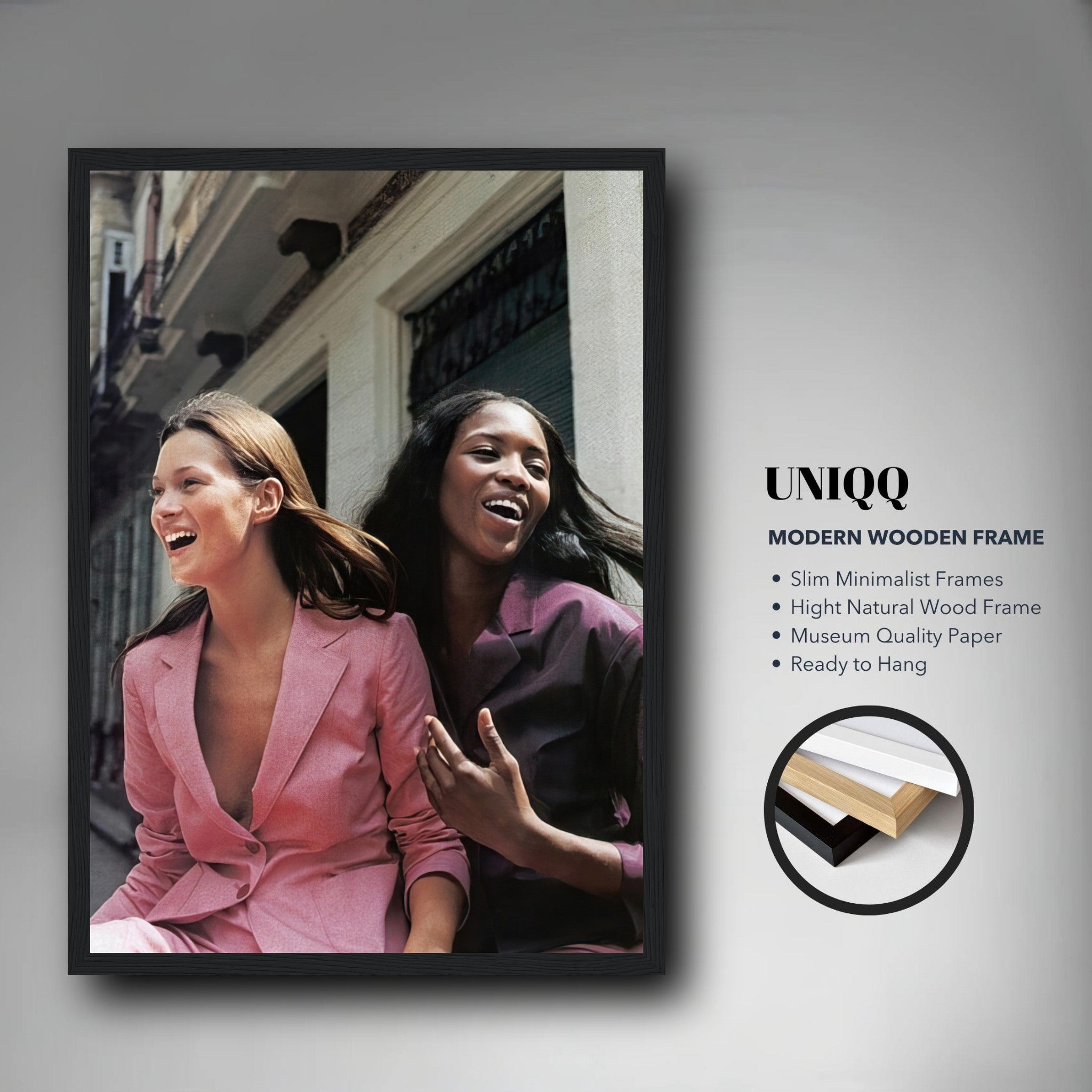 Naomi Campbell and Kate Moss framed print in stylish minimalist wooden frame, radiating elegance and camaraderie.