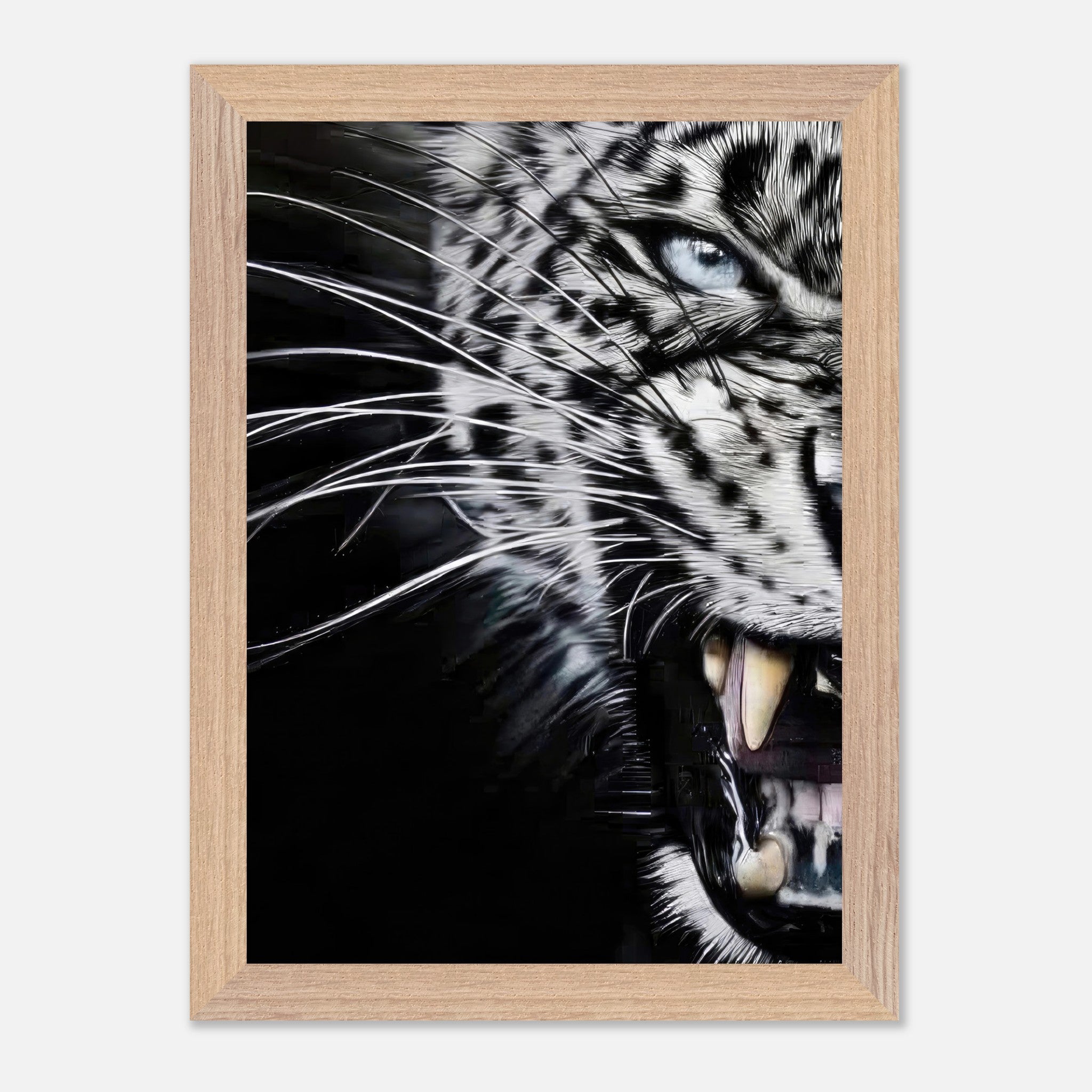 Leopard close-up portrait framed print showcasing fierce expression and detailed blue eyes.