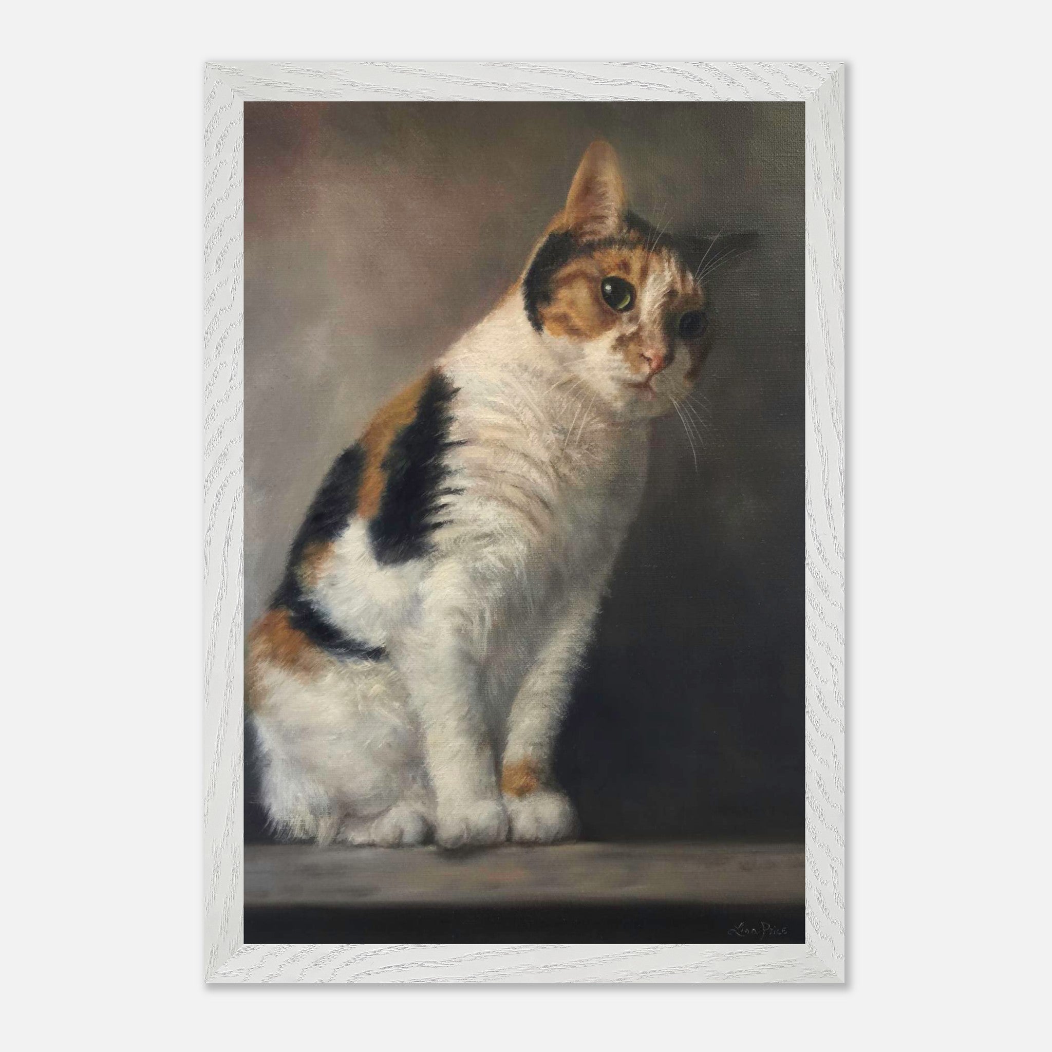 Realistic portrait painting of a calico cat showcasing fine art details and lifelike charm.
