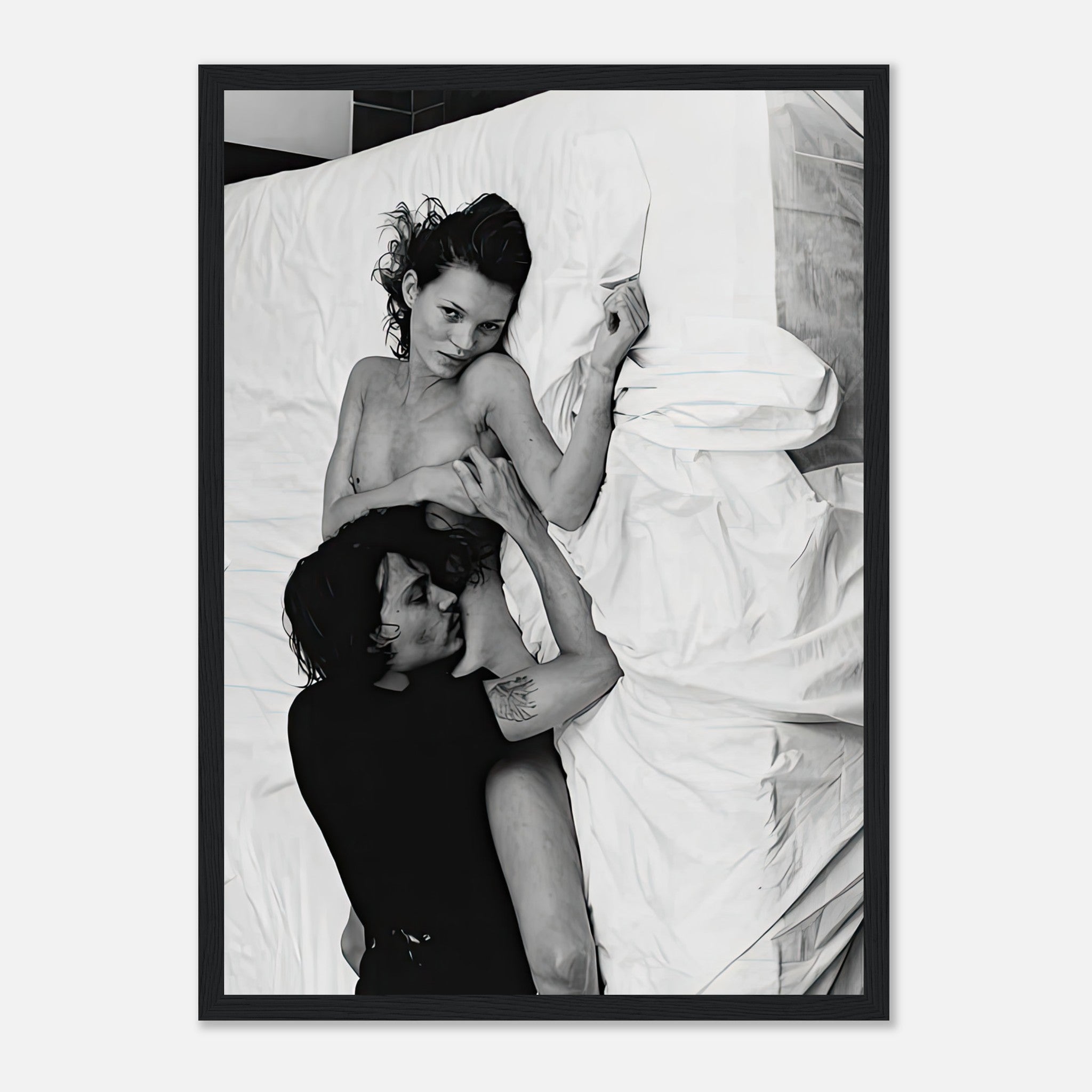 Framed print of Kate Moss and Johnny Depp in black-and-white, captured in New York, 1994 by Annie Leibovitz.