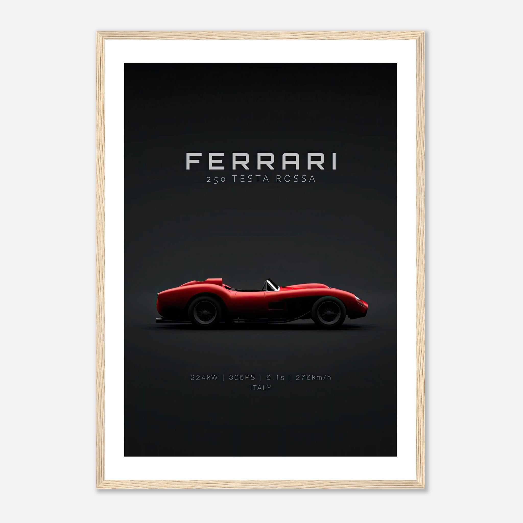 Ferrari 250 Testa Rossa framed poster featuring sleek car design on minimalist black background.