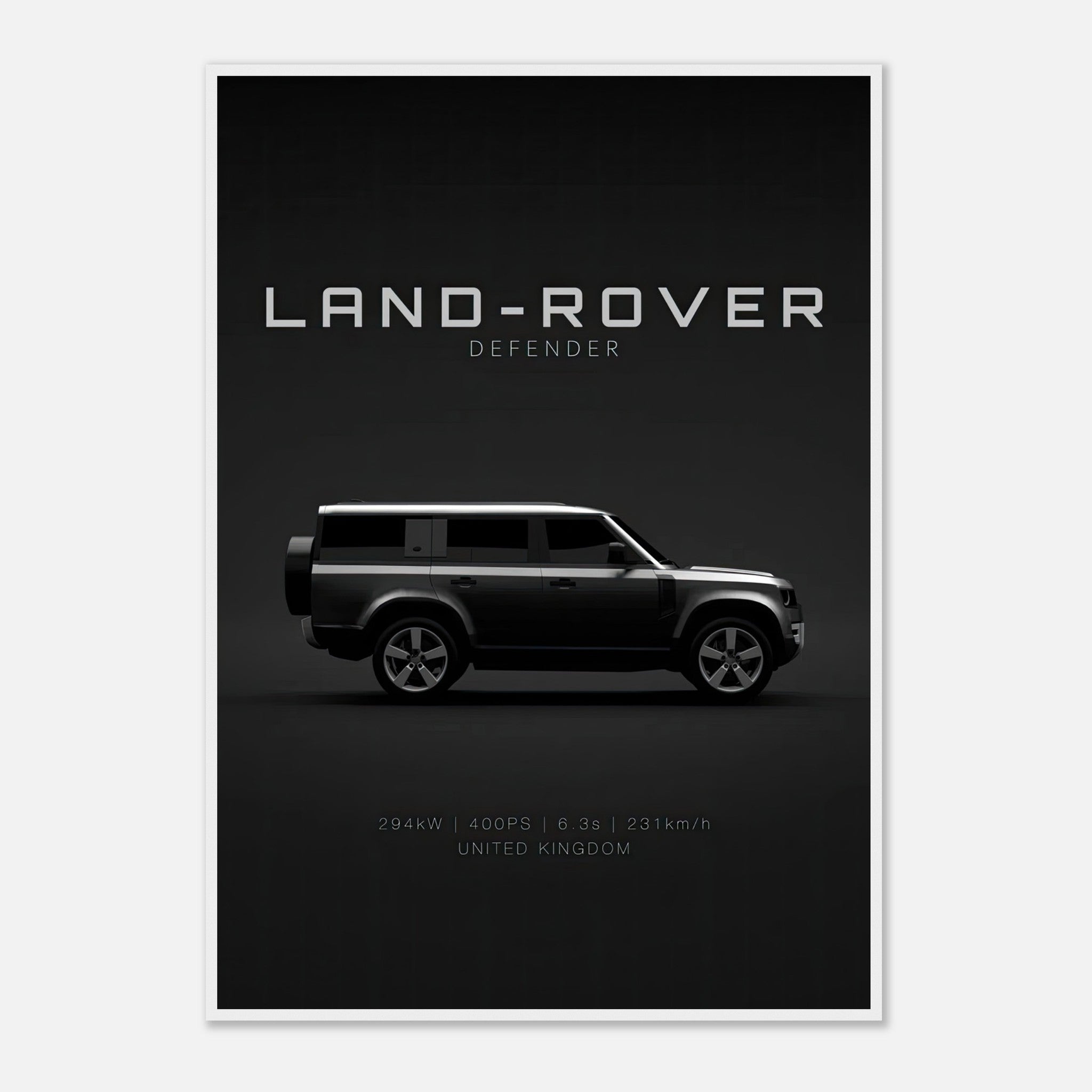 Framed print of a Land Rover Defender showcasing its sleek side profile and specs against a dark background.