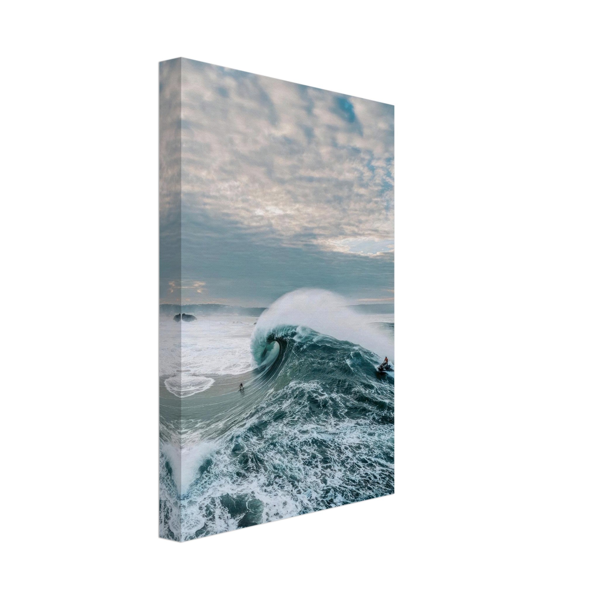 Big Wave Surfing Canvas Print showcasing a surfer riding a colossal wave with vibrant ocean colors.