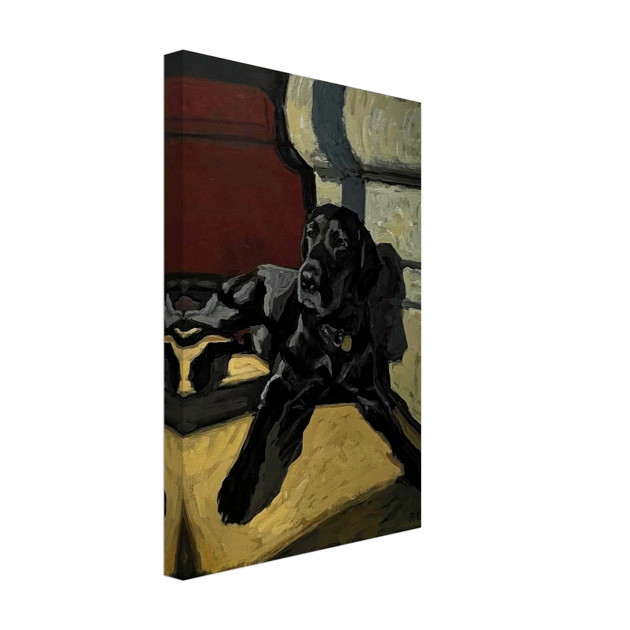Black Labrador dog painting on canvas, depicting a relaxed black lab in rich earthy tones.