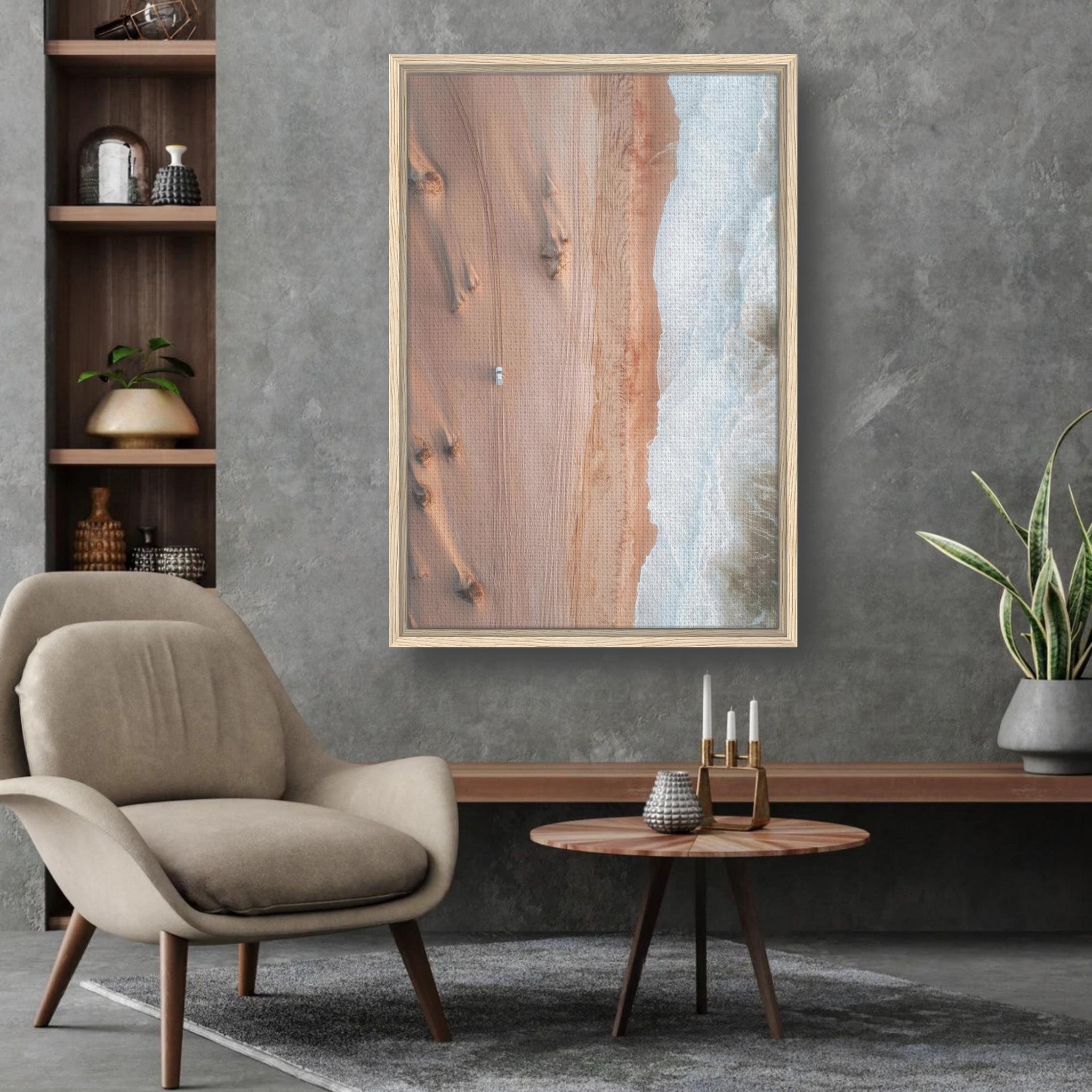 Framed canvas print of desert and ocean meeting, enhancing modern home decor.