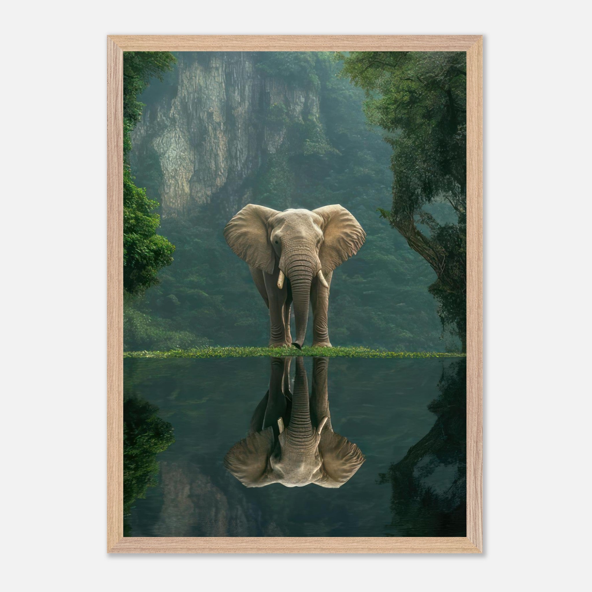 Jungle Elephant Portrait fine art print showcasing an elephant reflecting in tranquil waters amidst lush greenery.