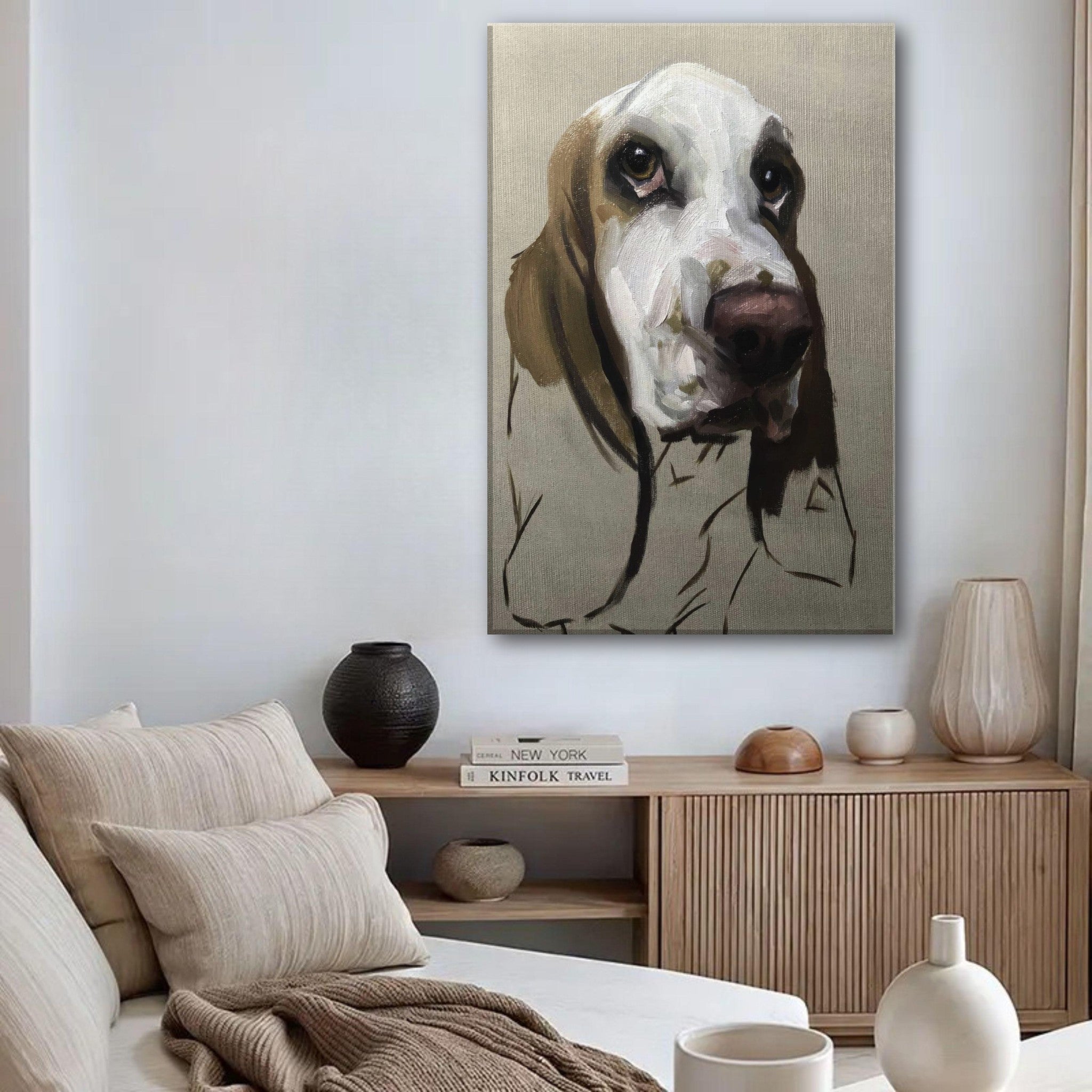 Basset Hound Dog Painting Canvas Print, featuring detailed portrait, earthy tones, adding charm to home decor.