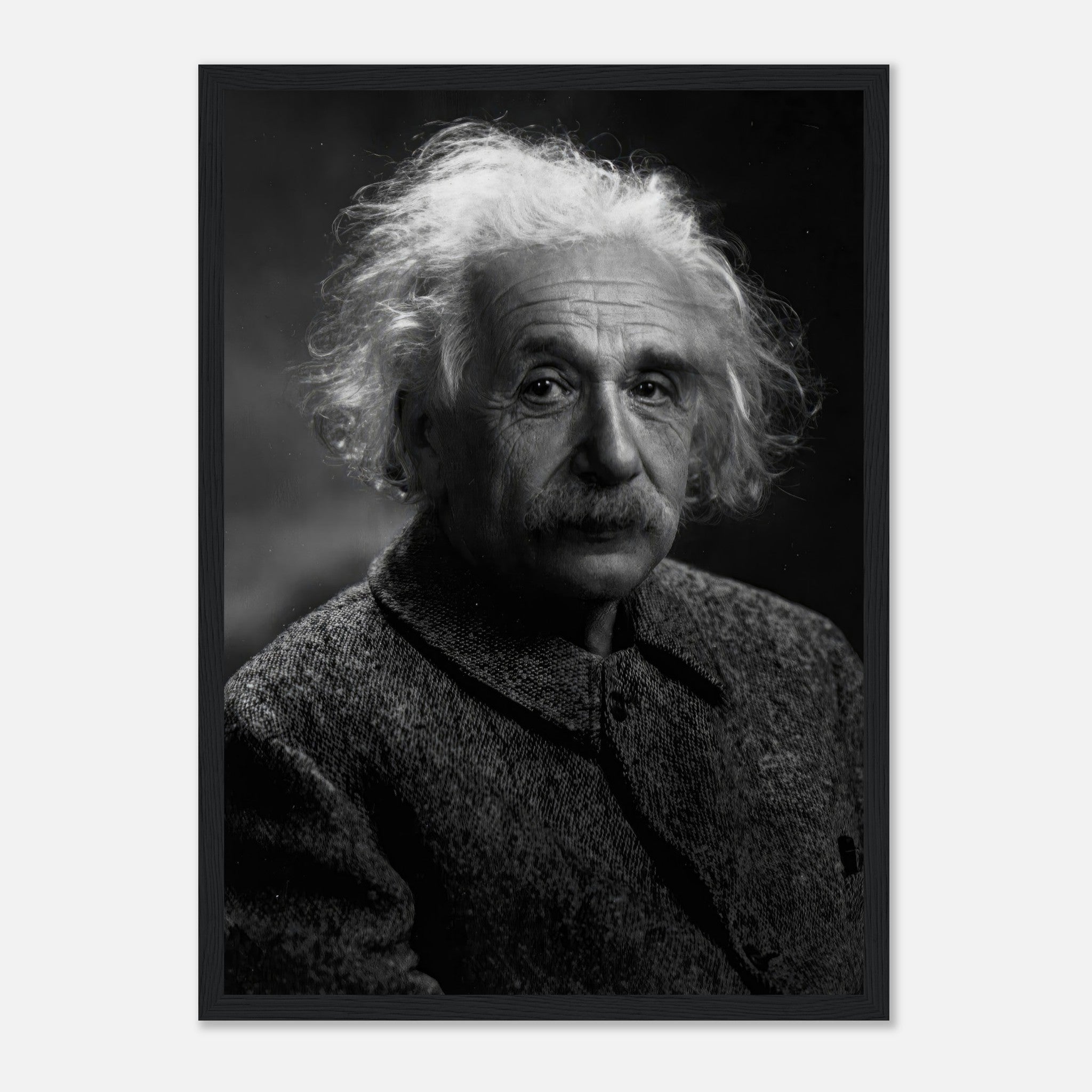Framed black-and-white portrait of Albert Einstein, capturing his thoughtful expression.