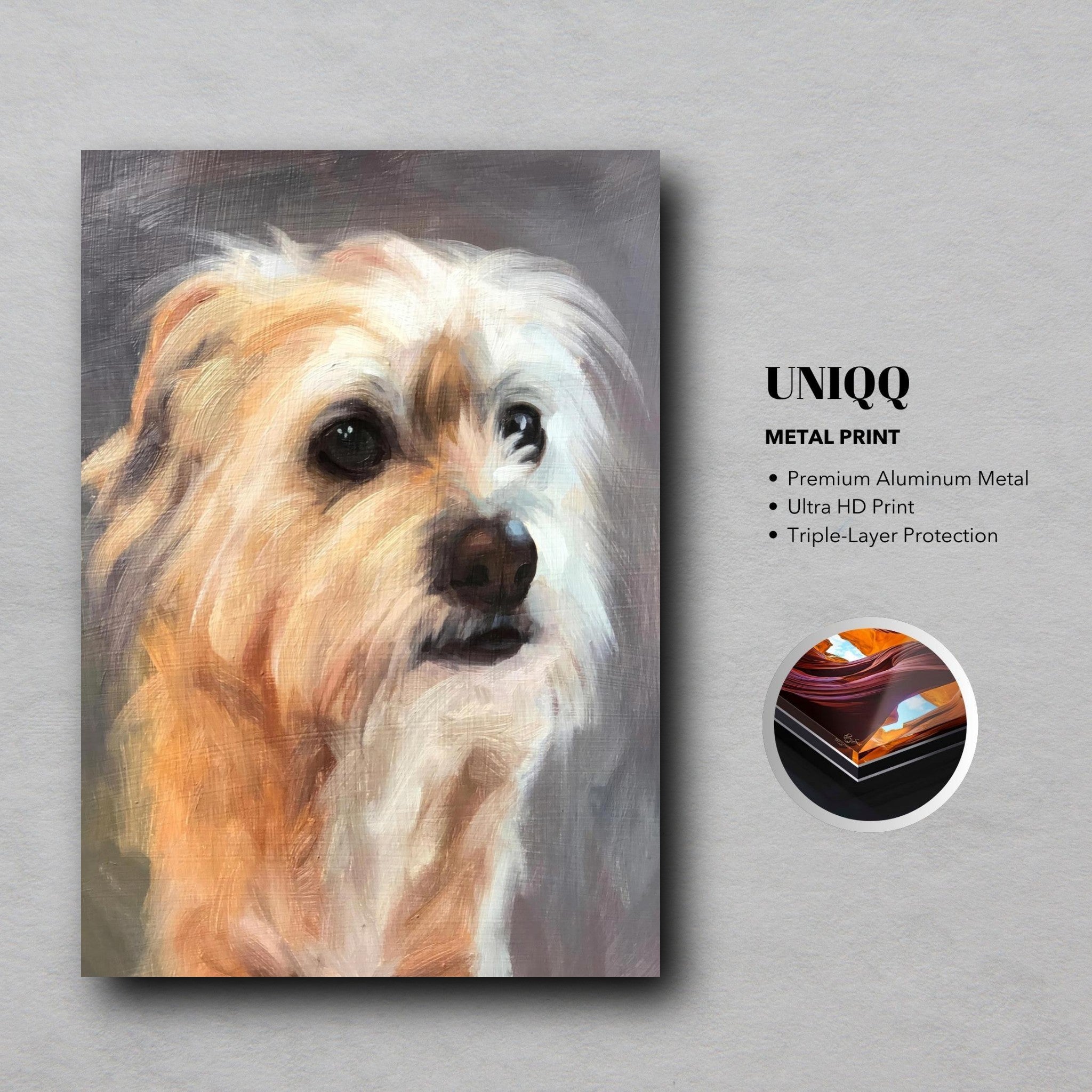 Stunning terrier dog painting metal print featuring expressive eyes and soft fur, perfect for home decor.