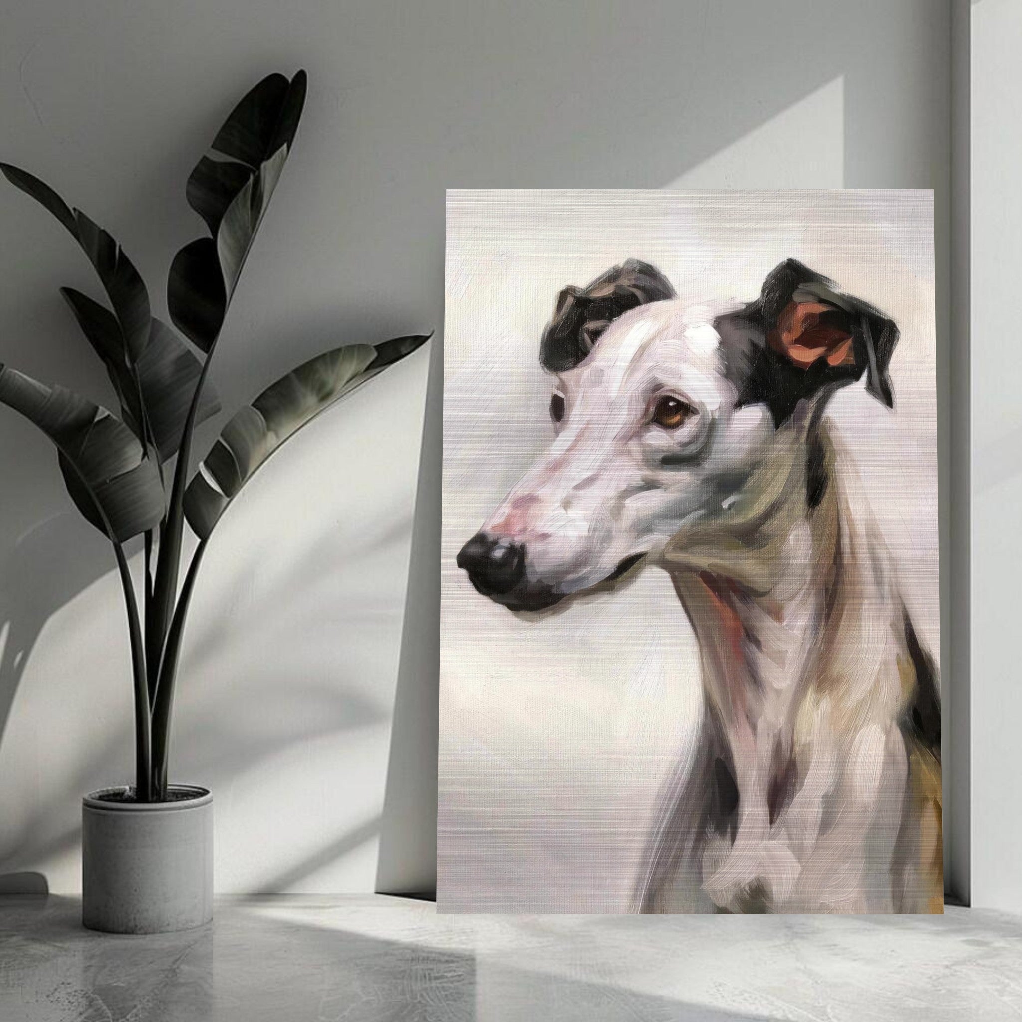 Elegant Greyhound dog painting on brushed metal, enhancing modern home decor with soulful expression.