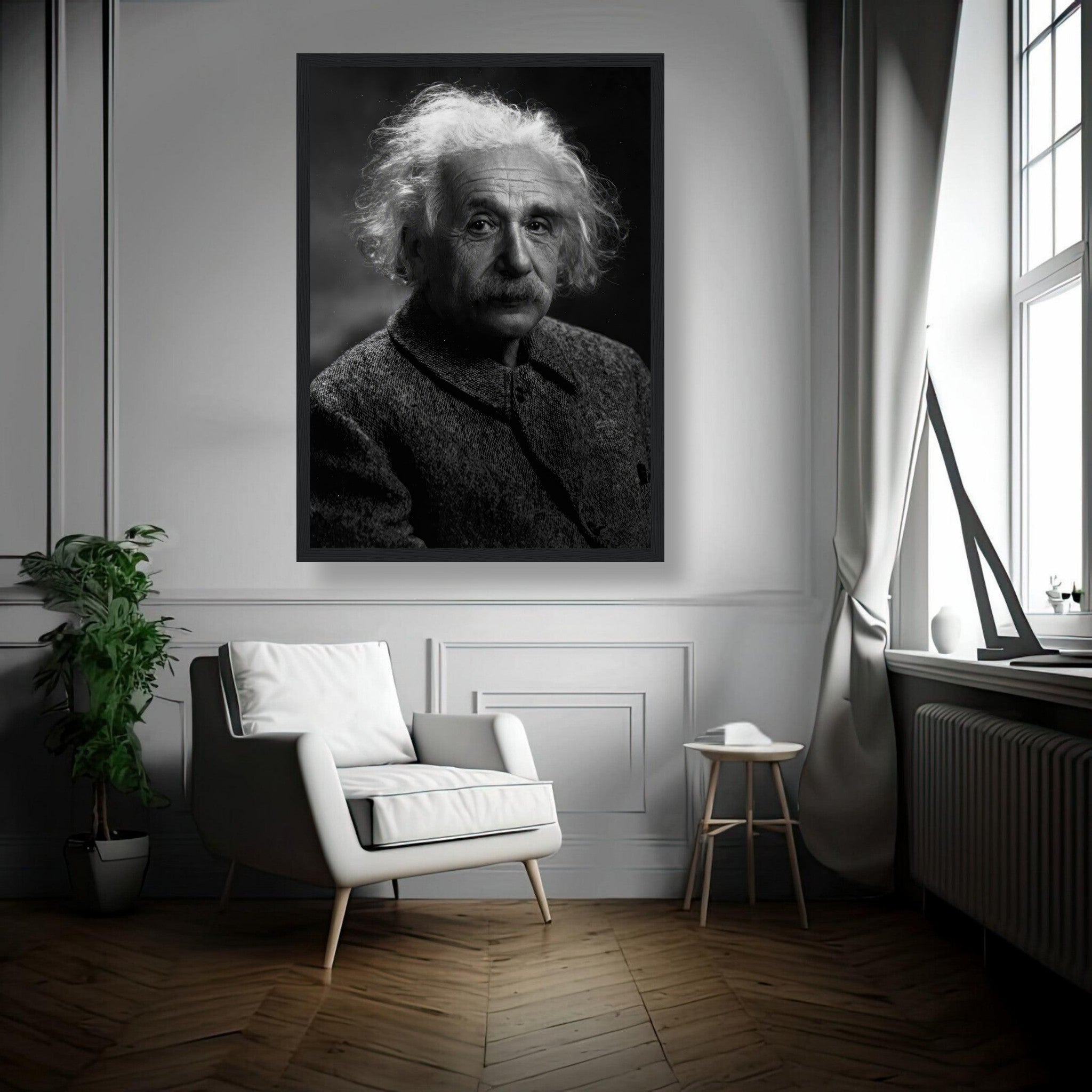 Portrait of Albert Einstein in black-and-white, framed print displayed in a modern living room.