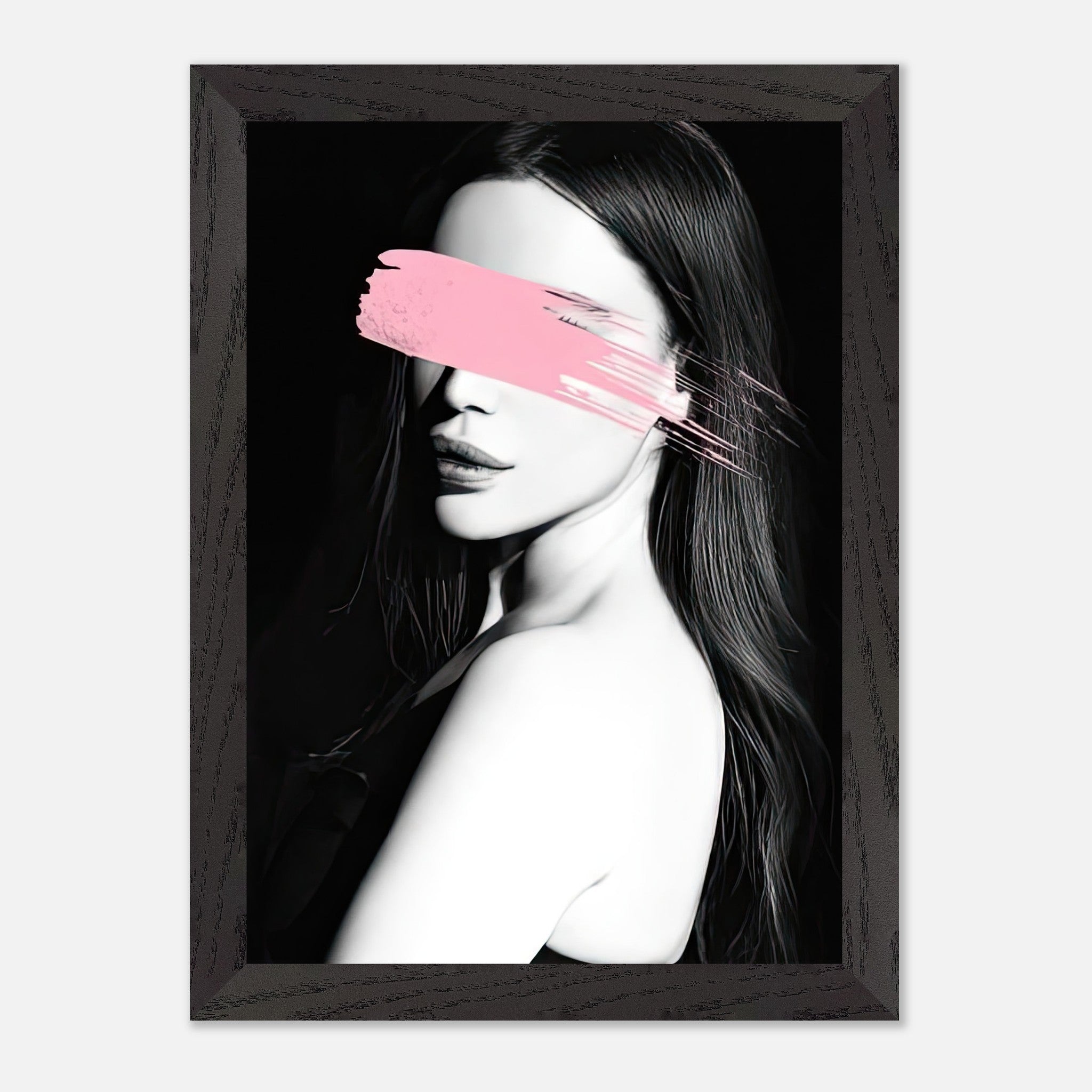 Vintage framed print "Pink Blindness" featuring a monochrome portrait with a striking pink brushstroke obscuring the eyes.