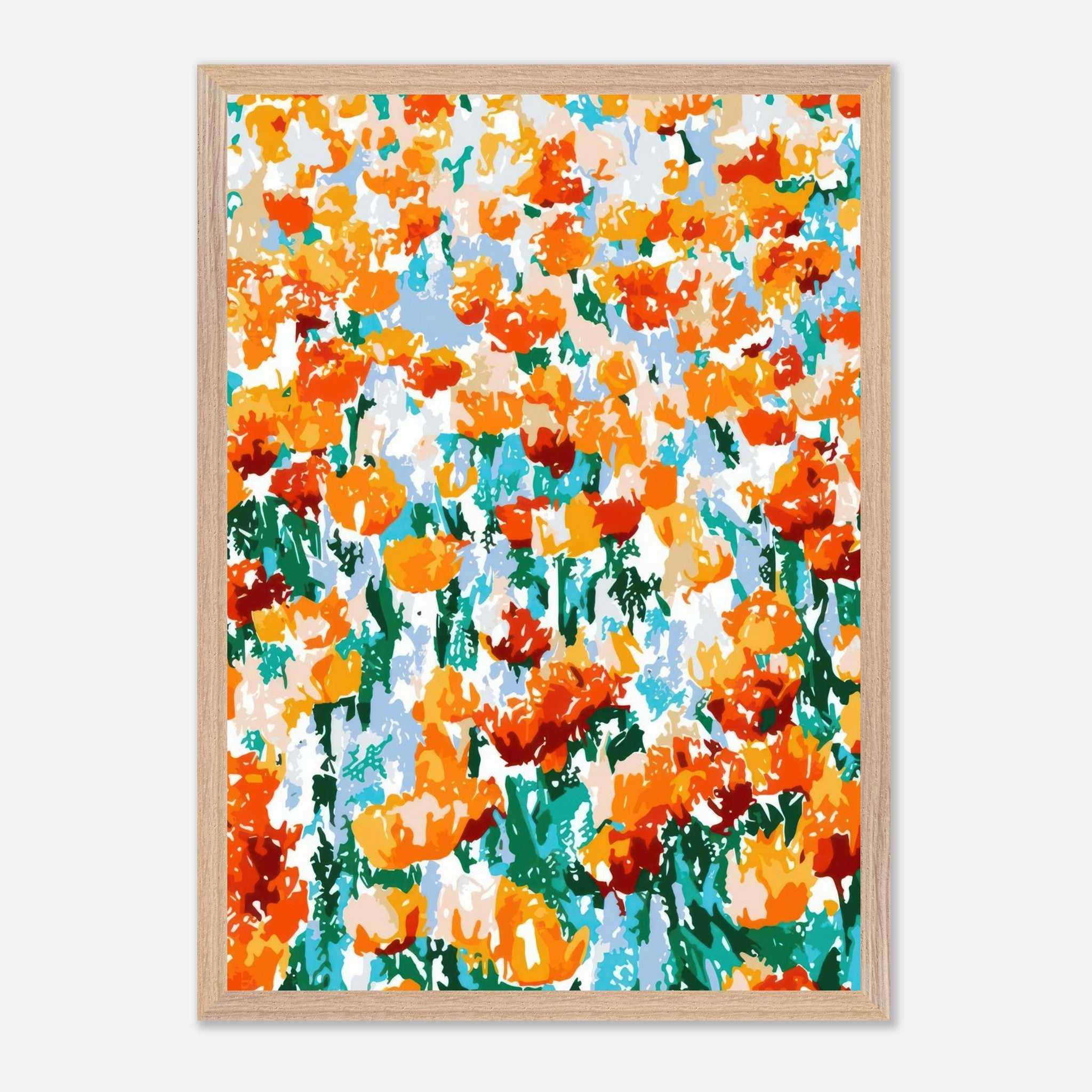 Vibrant abstract floral tulip garden artwork in bold orange and red hues, showcasing a contemporary art style.