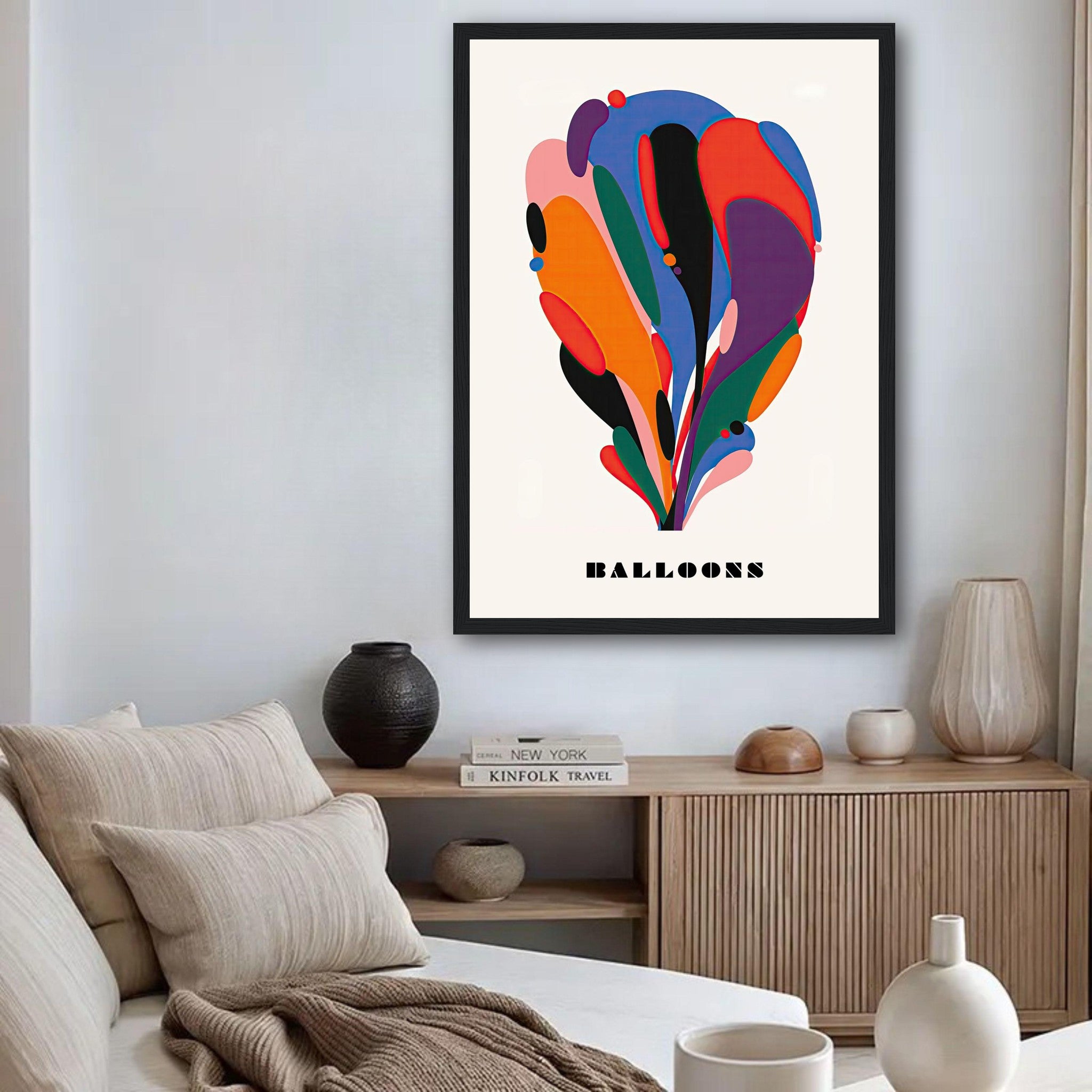 Abstract Balloon Art Framed Print in a modern living room, featuring vibrant colors and fluid shapes.