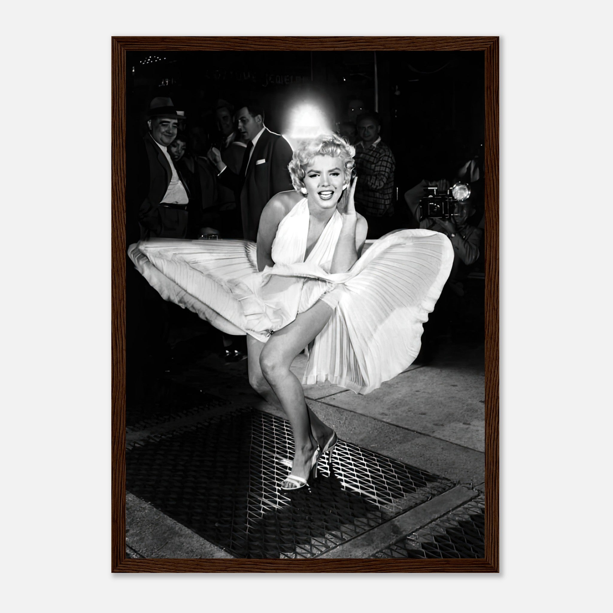 Marilyn Monroe in iconic wind-blown white dress, framed print capturing Hollywood glamour and charm.