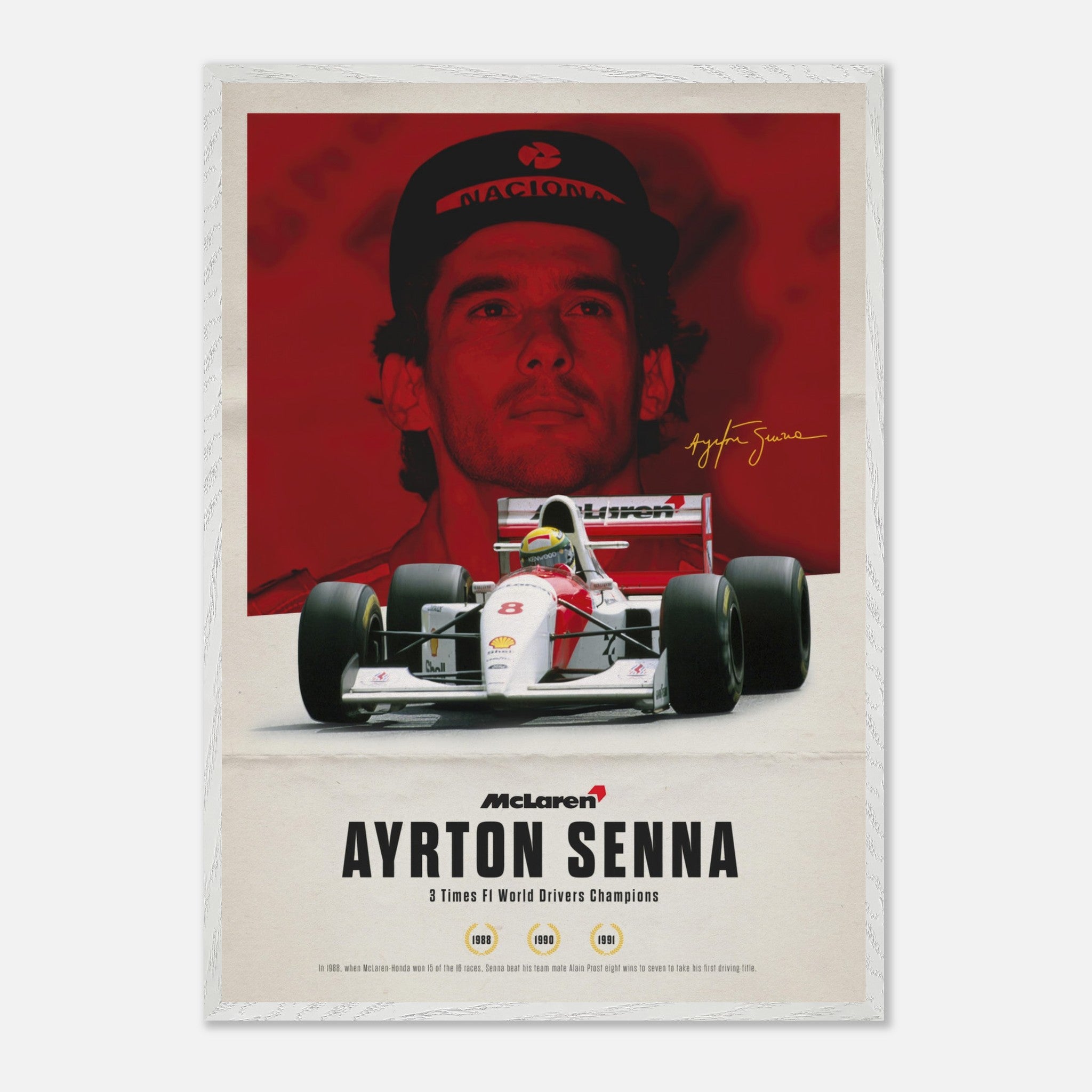 Ayrton Senna vintage framed art featuring his McLaren car and portrait with signature and championship years.