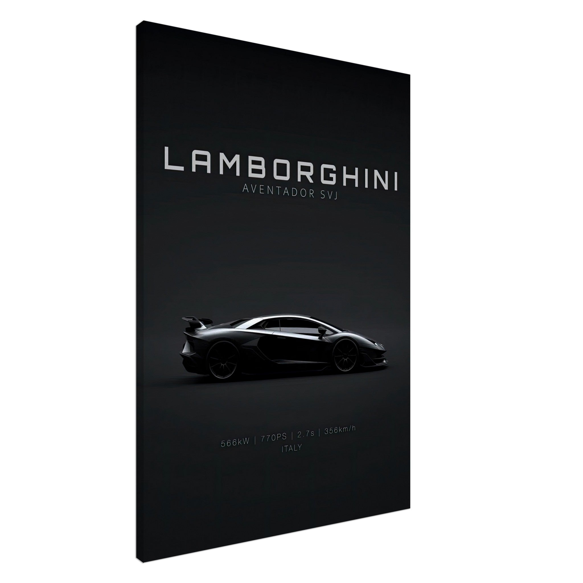 Lamborghini Aventador SVJ canvas art showcasing sleek design and aggressive silhouette on a minimalist black background.