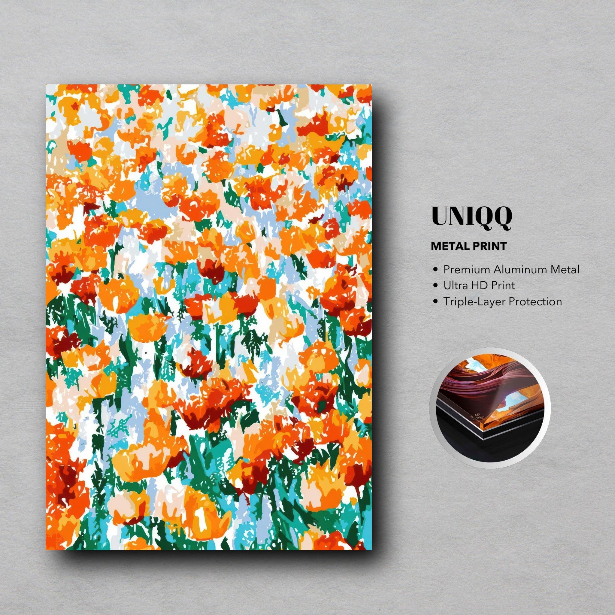 Abstract Floral Tulip Garden Metal Print featuring vibrant orange and red tulips on a cool-toned background.