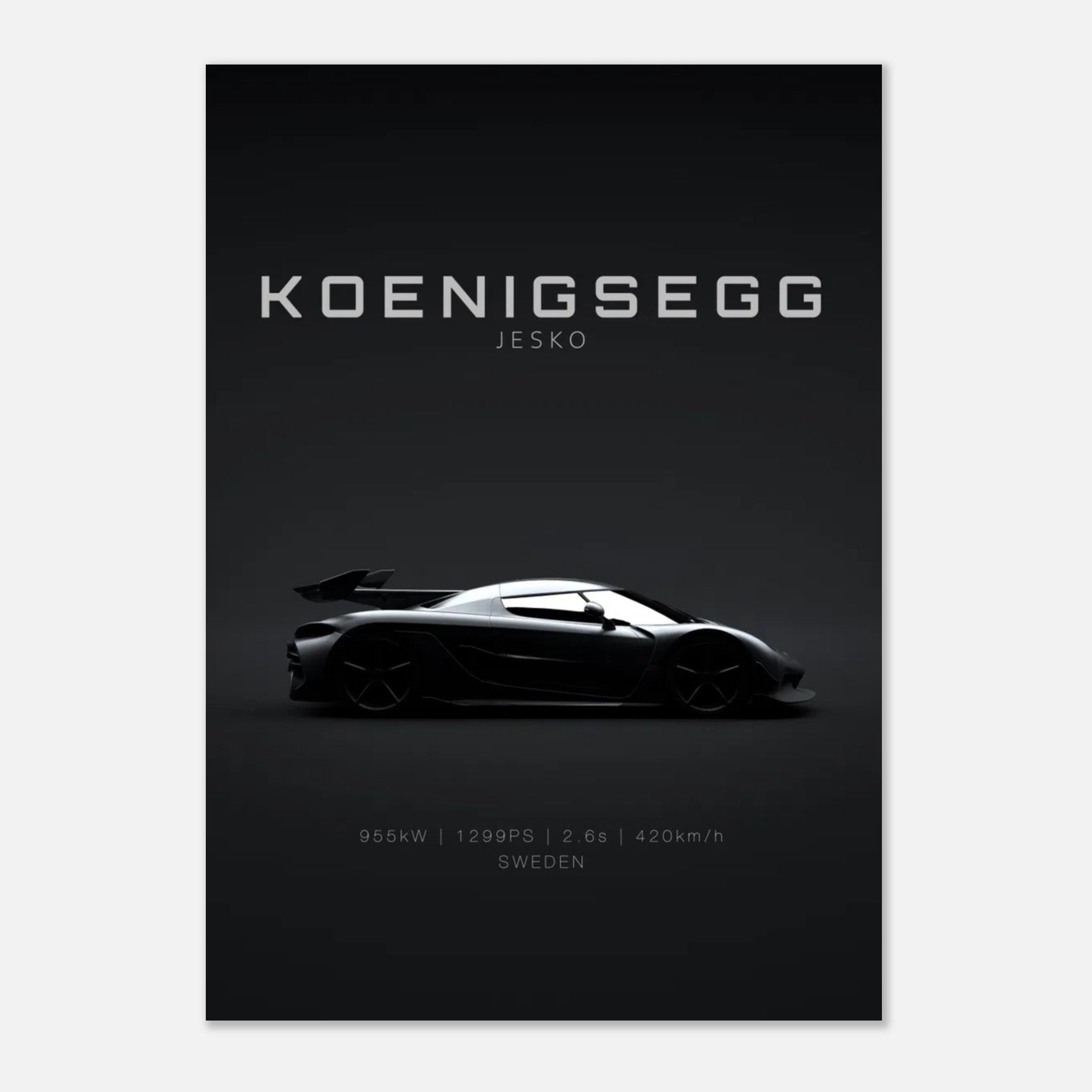 Koenigsegg Jesko poster showcasing the hypercar's silhouette against a minimalist black background.
