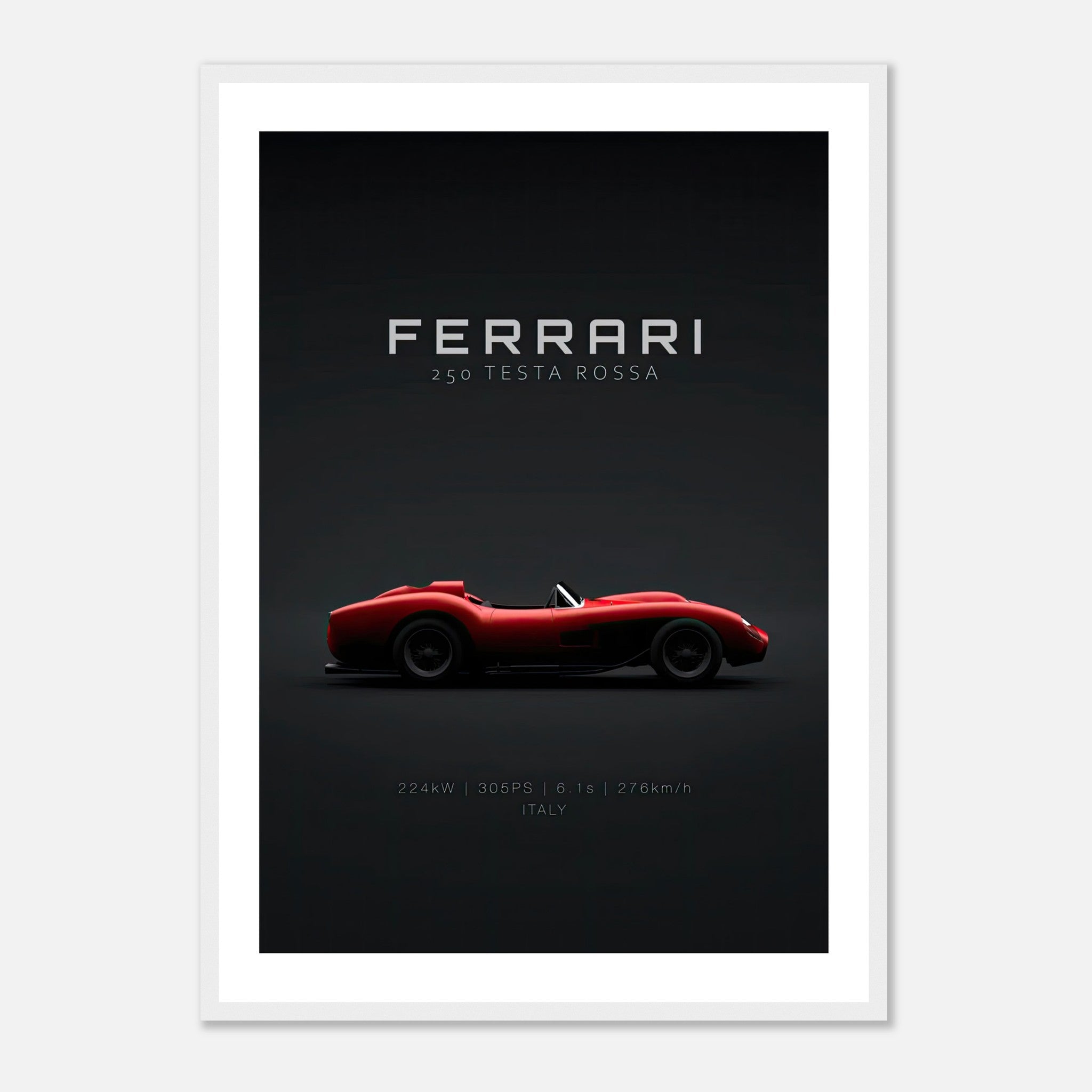 Ferrari 250 Testa Rossa framed poster showcasing sleek design against a minimalist background.