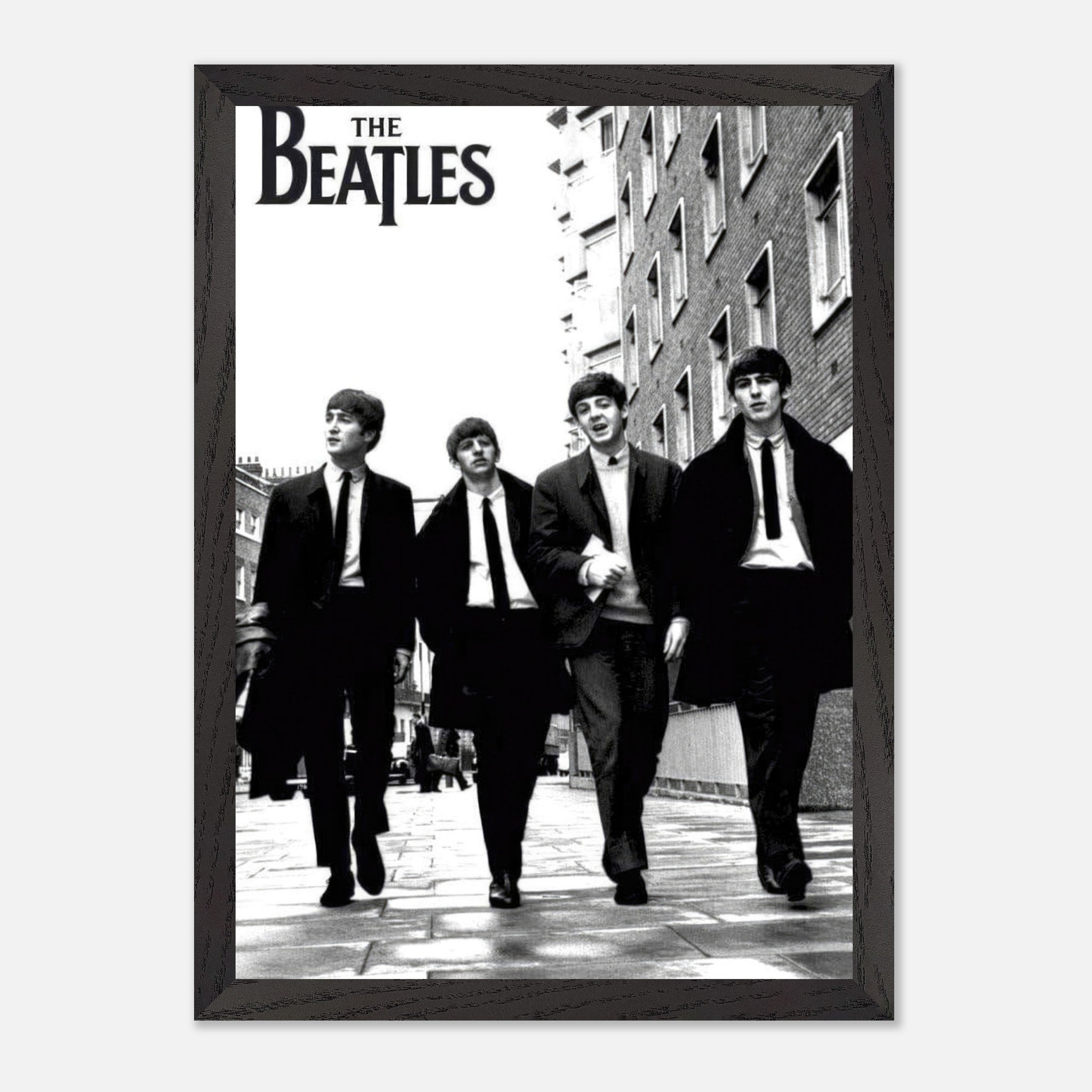 The Beatles vintage framed print showcasing the iconic band walking together in black and white.