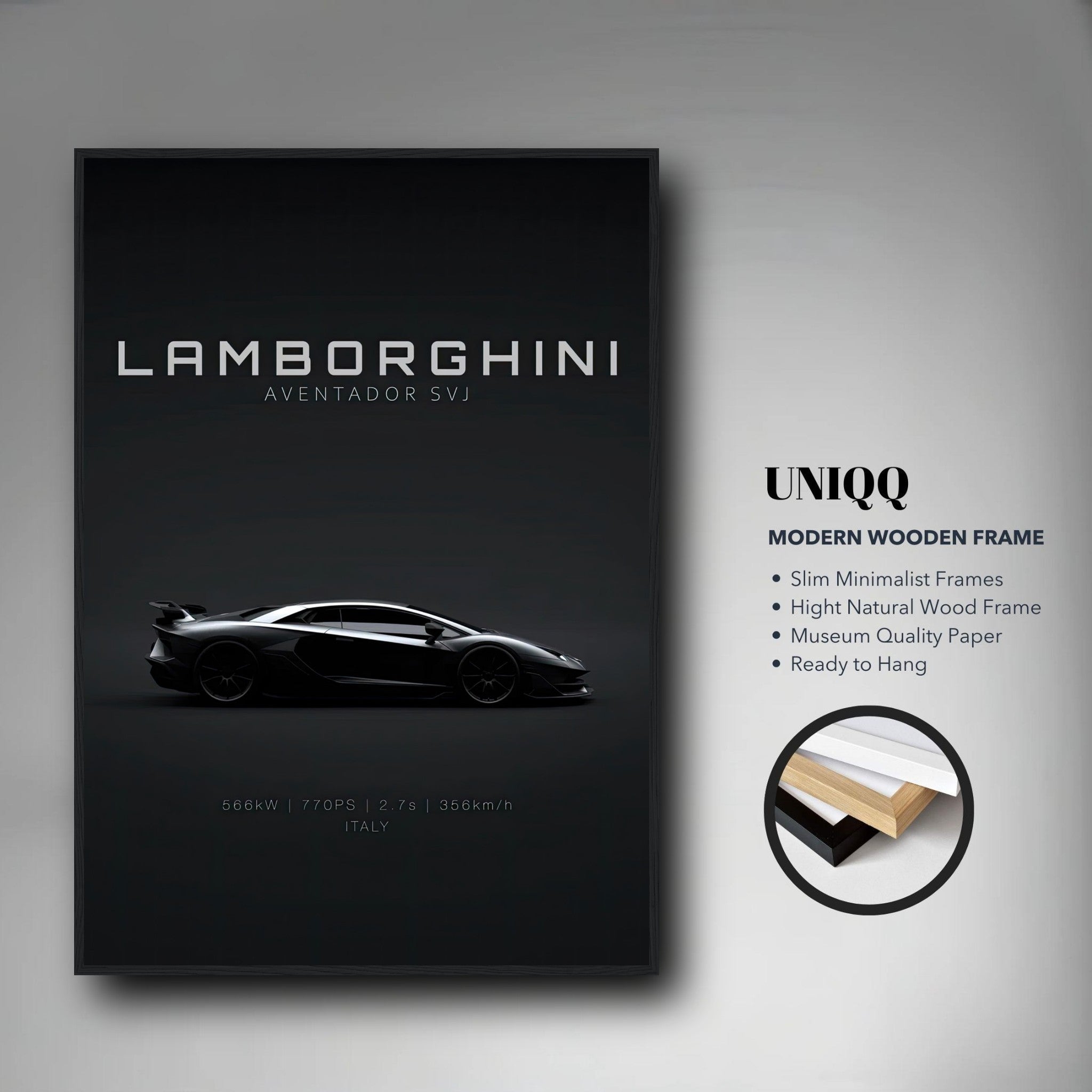 Lamborghini Aventador SVJ framed poster showcasing sleek design and modern wooden frame, perfect for automotive enthusiasts.
