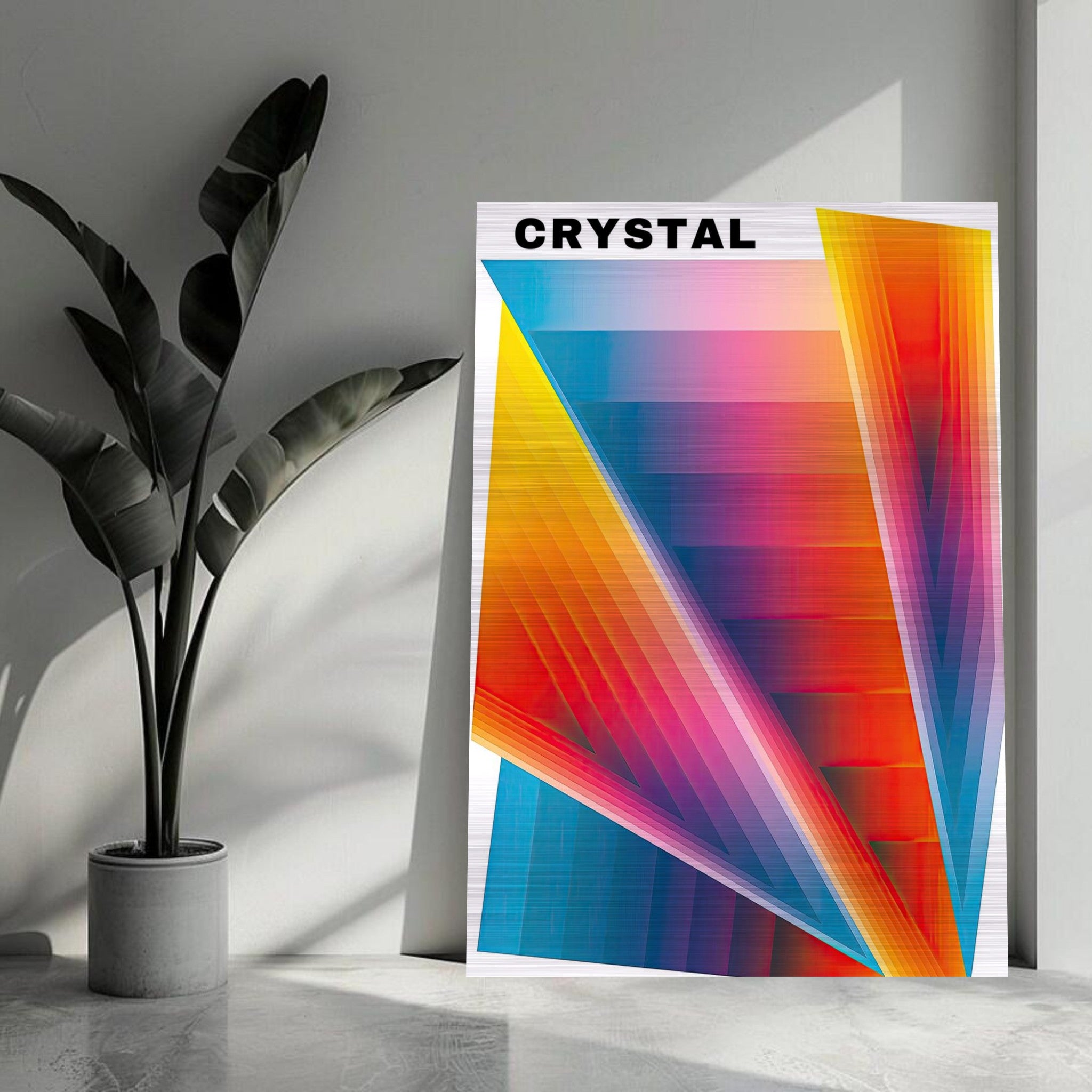 Crystal Abstract Art in vibrant colors with geometric shapes printed on brushed metal, enhancing modern decor.