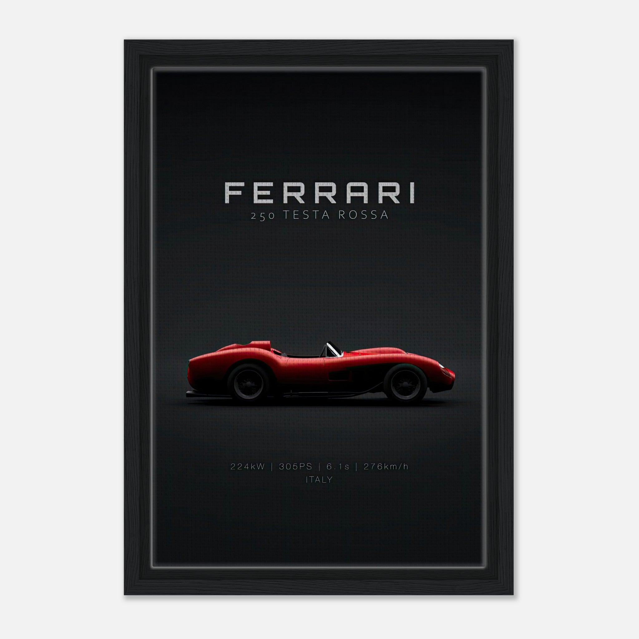 Ferrari 250 Testa Rossa framed canvas print with iconic red silhouette on a minimalist black background.