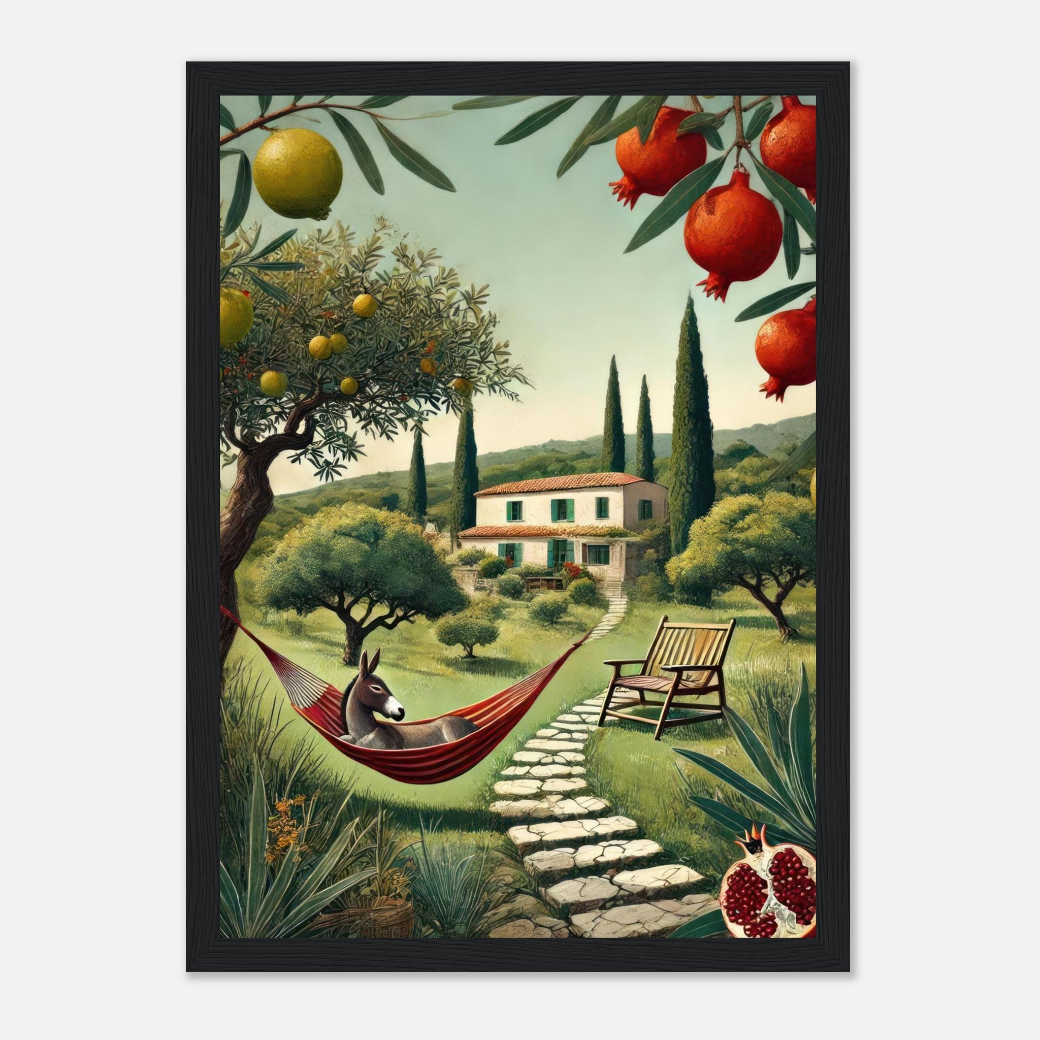 Framed print of a Mediterranean landscape with a donkey in a hammock, villa, and fruit trees.