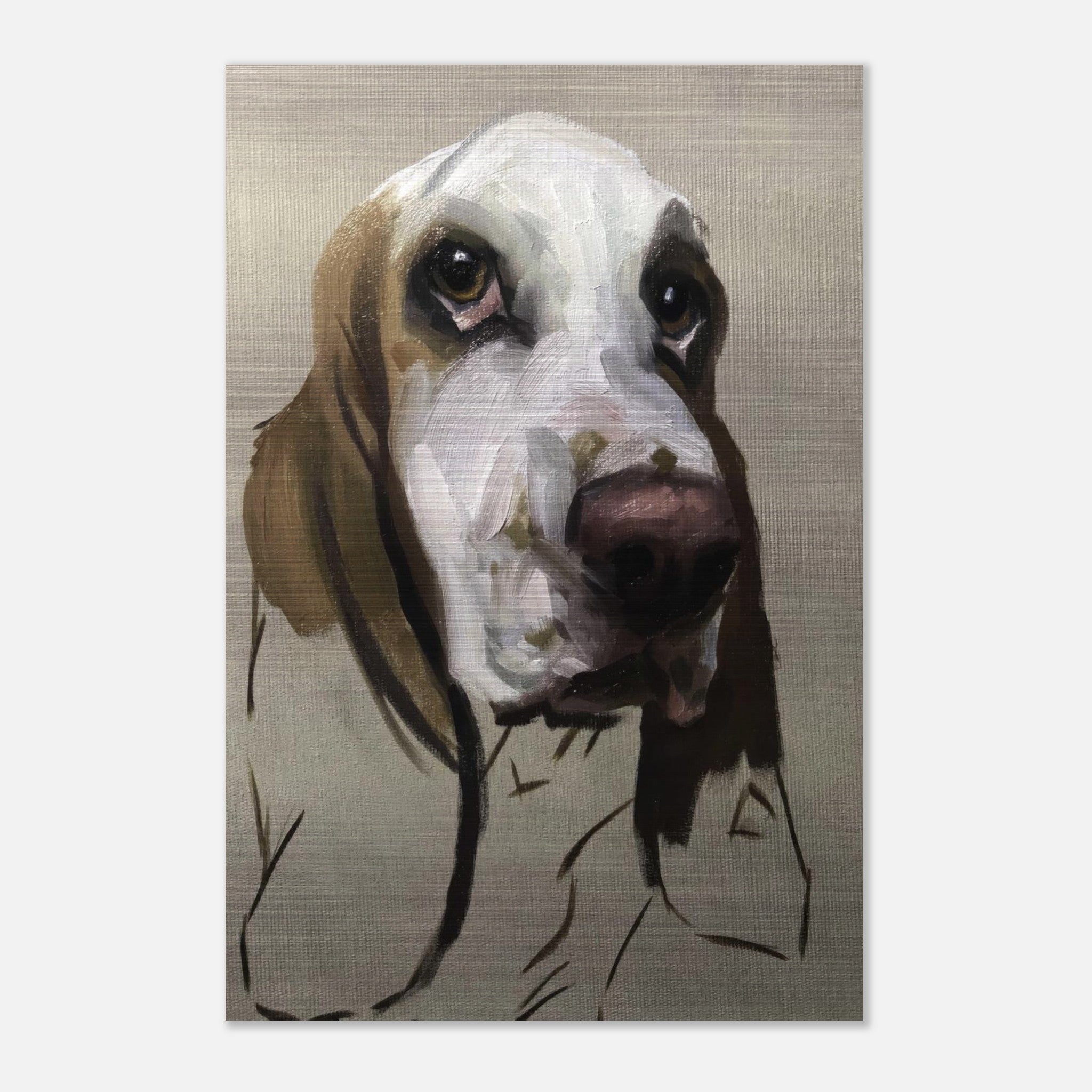 Basset Hound dog painting on brushed metal, showcasing soulful eyes and artistic textures.