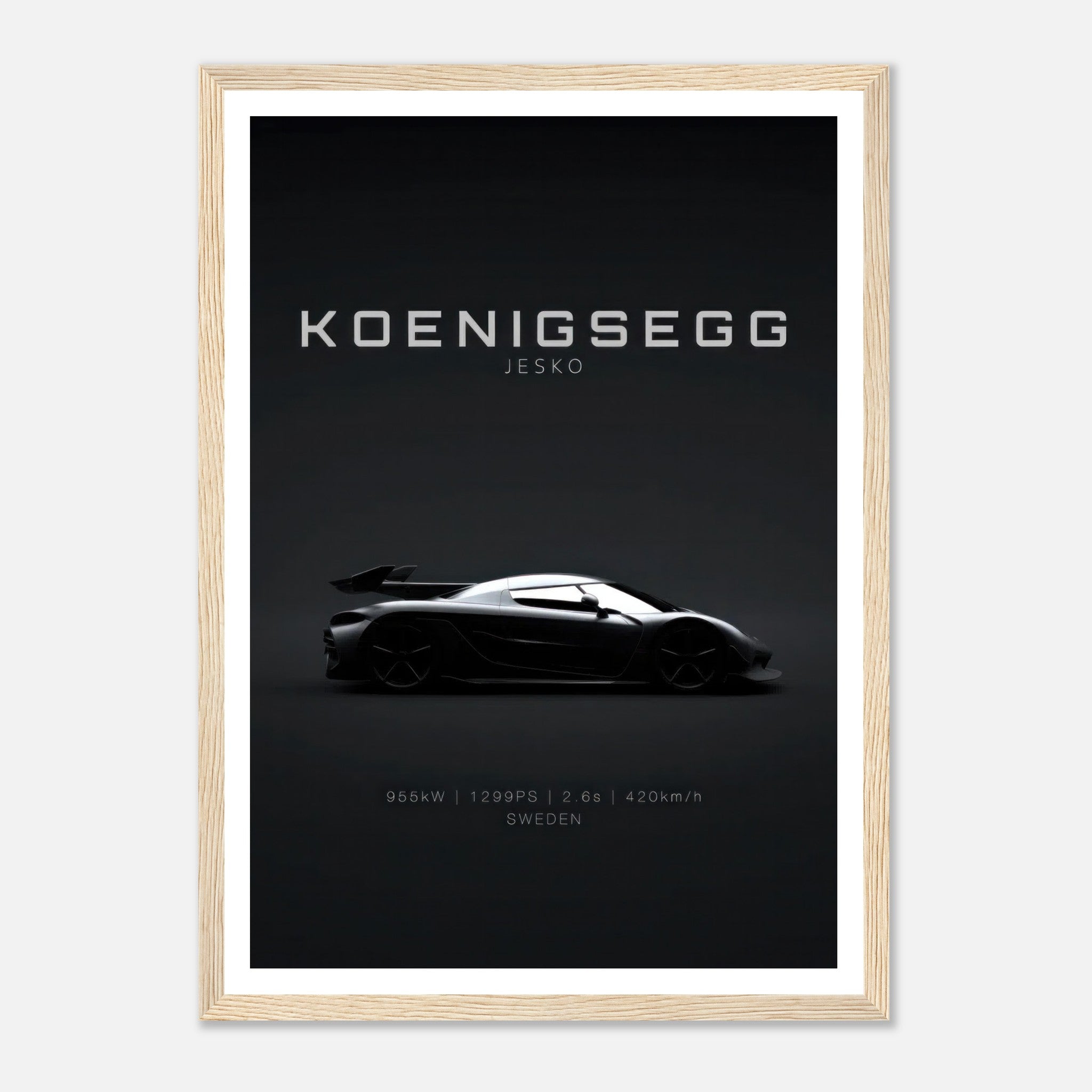 Koenigsegg Jesko framed poster showcasing sleek design on a minimalist black background, ideal for car enthusiasts.