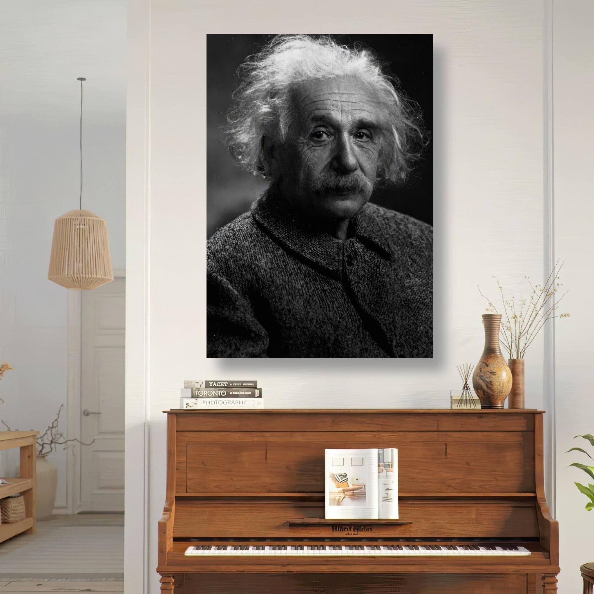Albert Einstein portrait metal print in a modern interior setting, showcasing wisdom and depth in black-and-white.