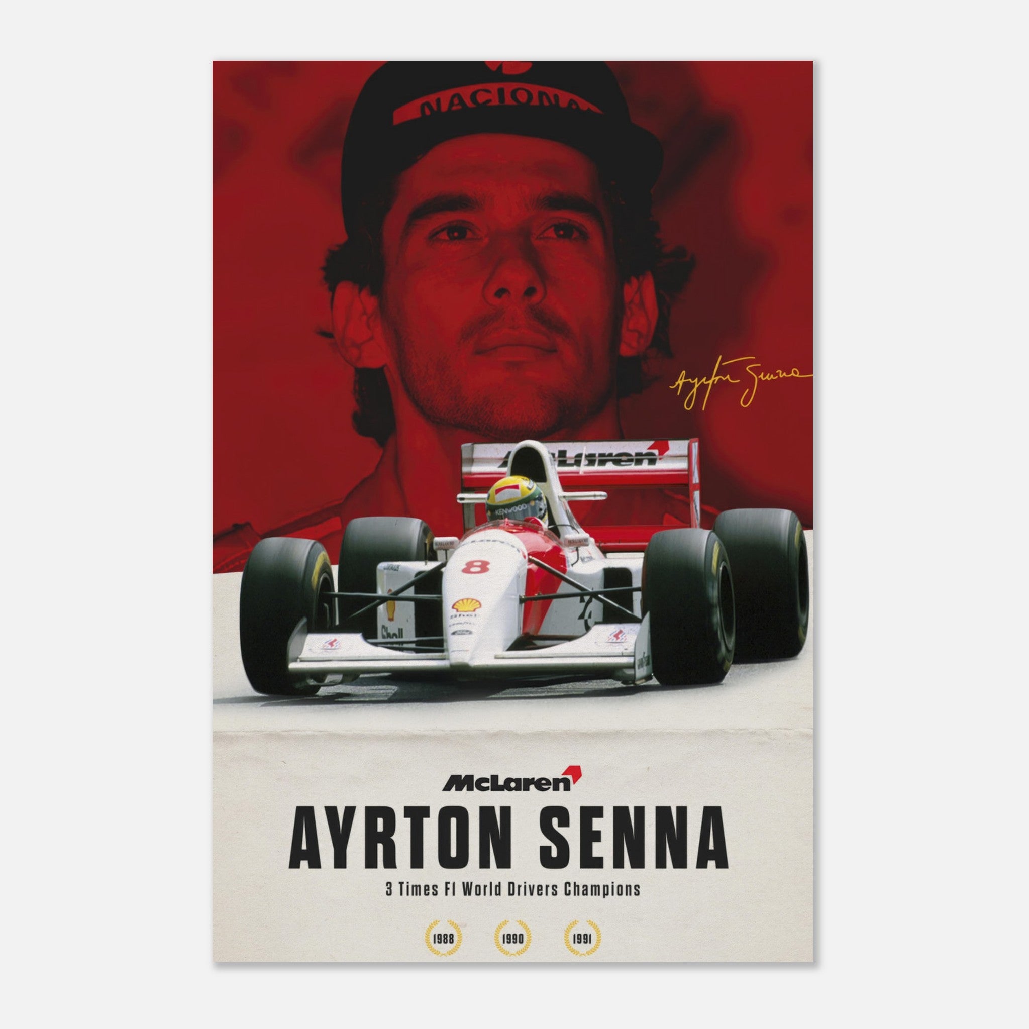 Ayrton Senna metal print featuring the McLaren MP4/4 and signature, celebrating the three-time F1 World Champion.
