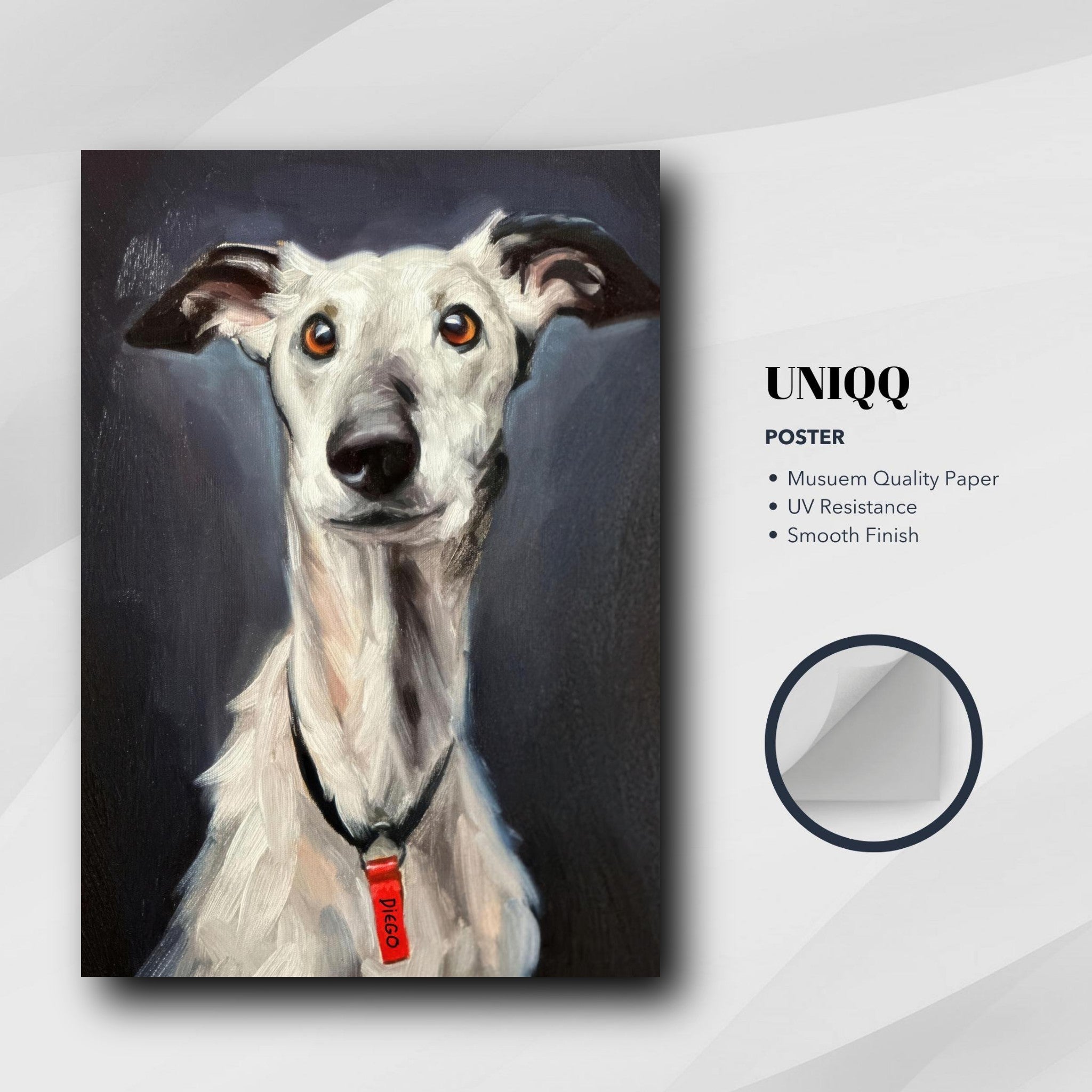 Greyhound dog painting poster featuring elegant portrait with expressive eyes and smooth finish on quality paper.