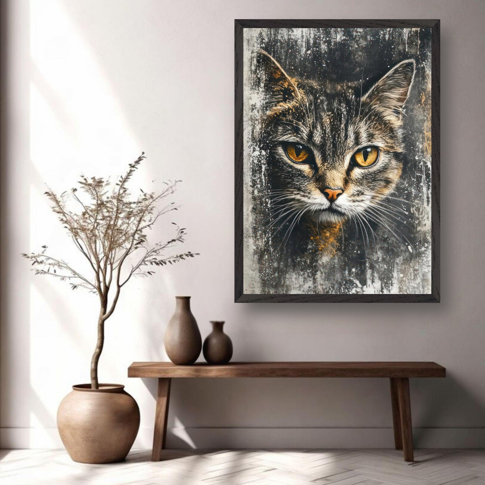 Elegant cat painting with piercing golden eyes, displayed in a stylish modern interior setting.