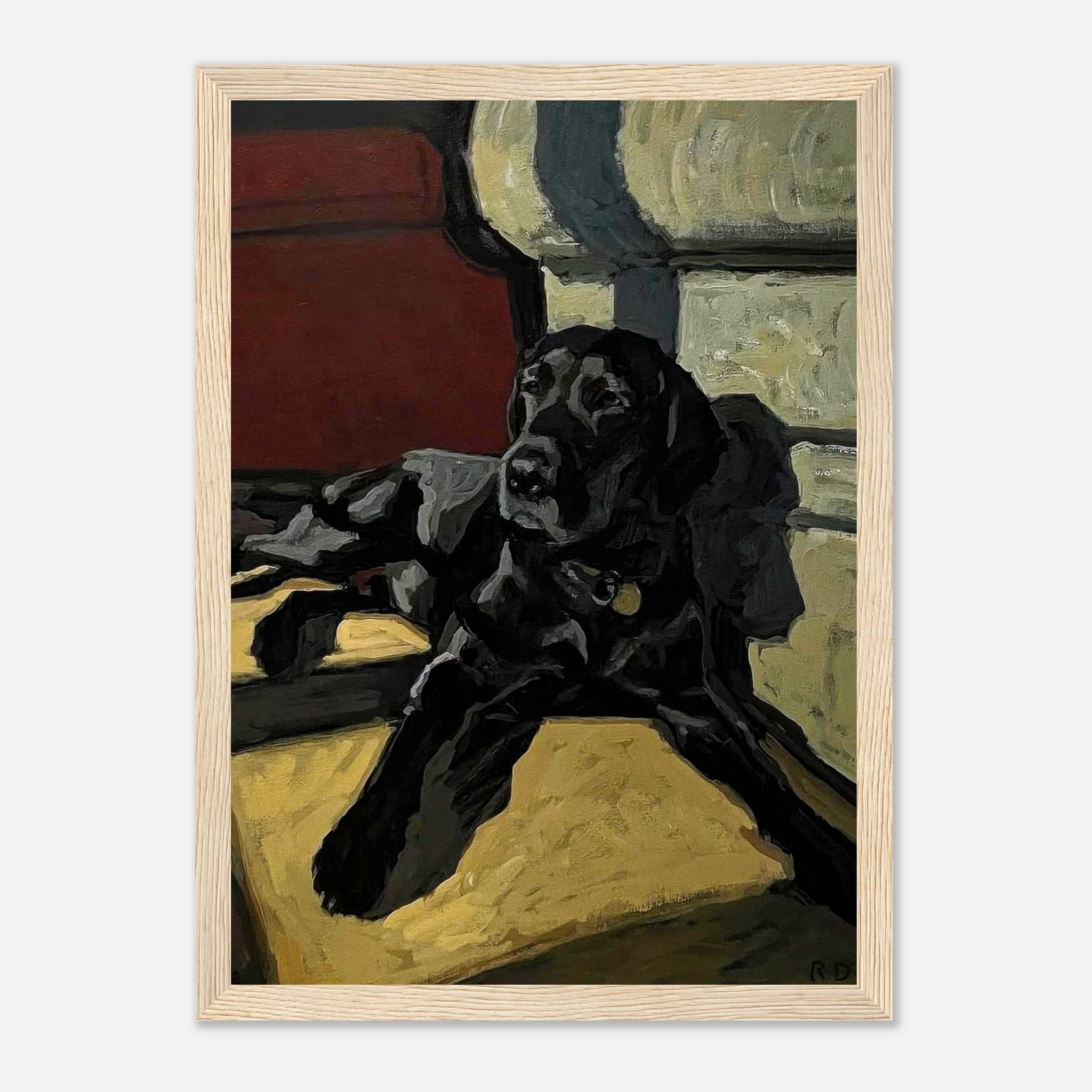 Framed print of a Black Labrador lounging in a cozy setting, showcasing rich colors and artistic brushstrokes.