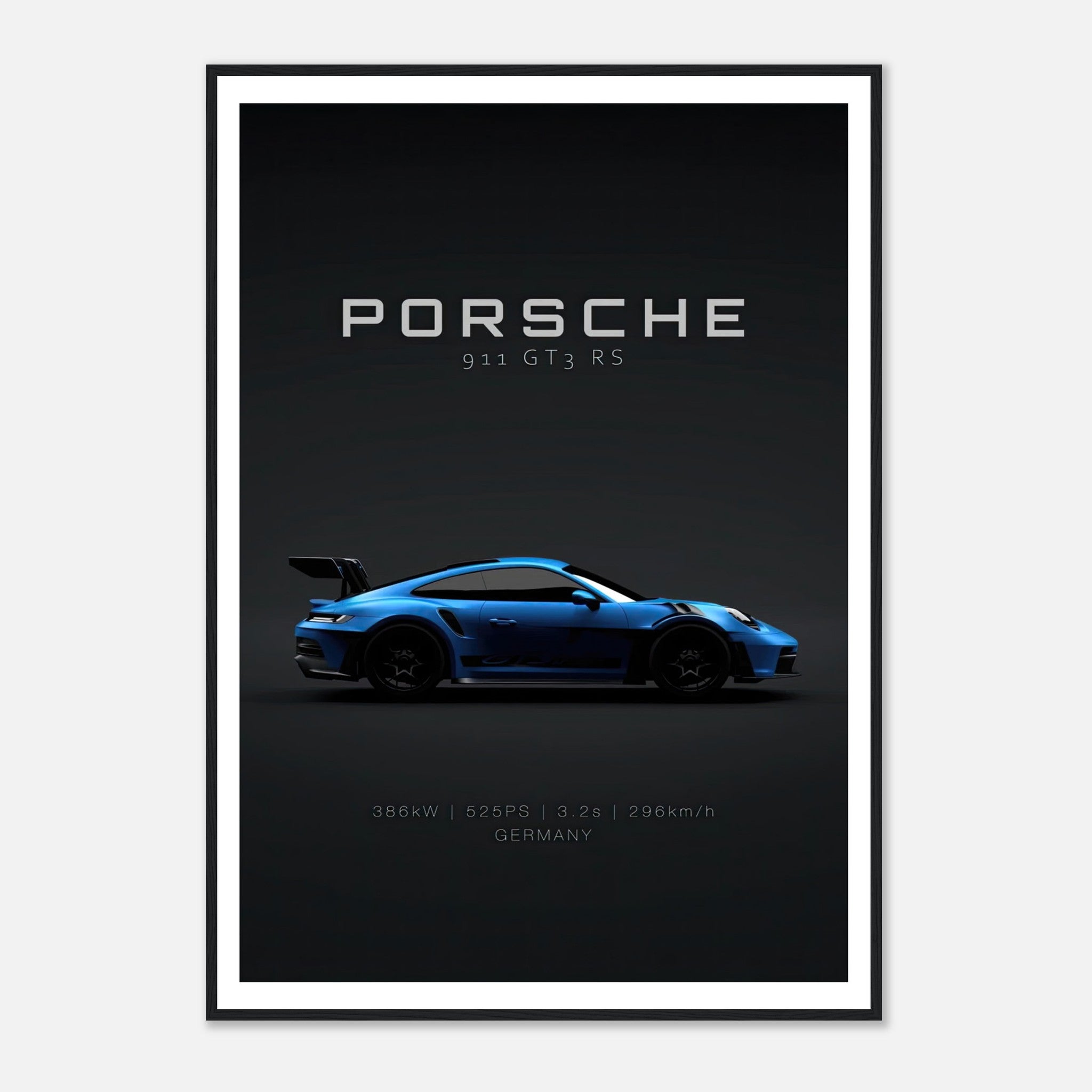 Framed poster of Porsche 911 GT3 RS showcasing a blue sports car against a dark background, highlighting performance stats.