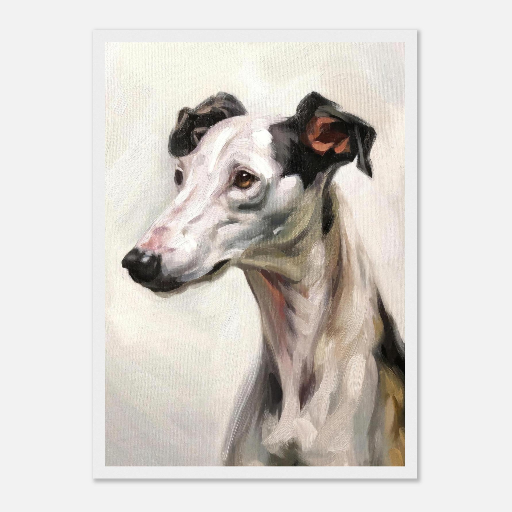 Detailed painting of a Greyhound dog, showcasing its elegant form and gentle expression in a stylish framed print.