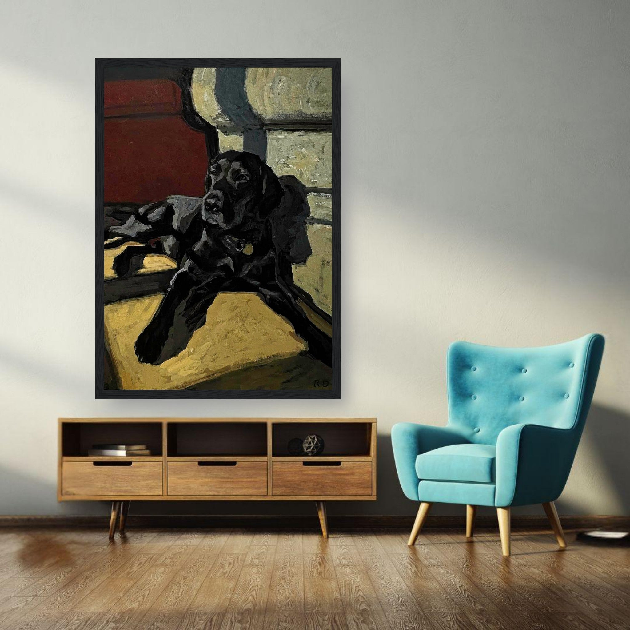 Framed painting of a black Labrador dog lounging in a cozy room with rich colors and expressive details.