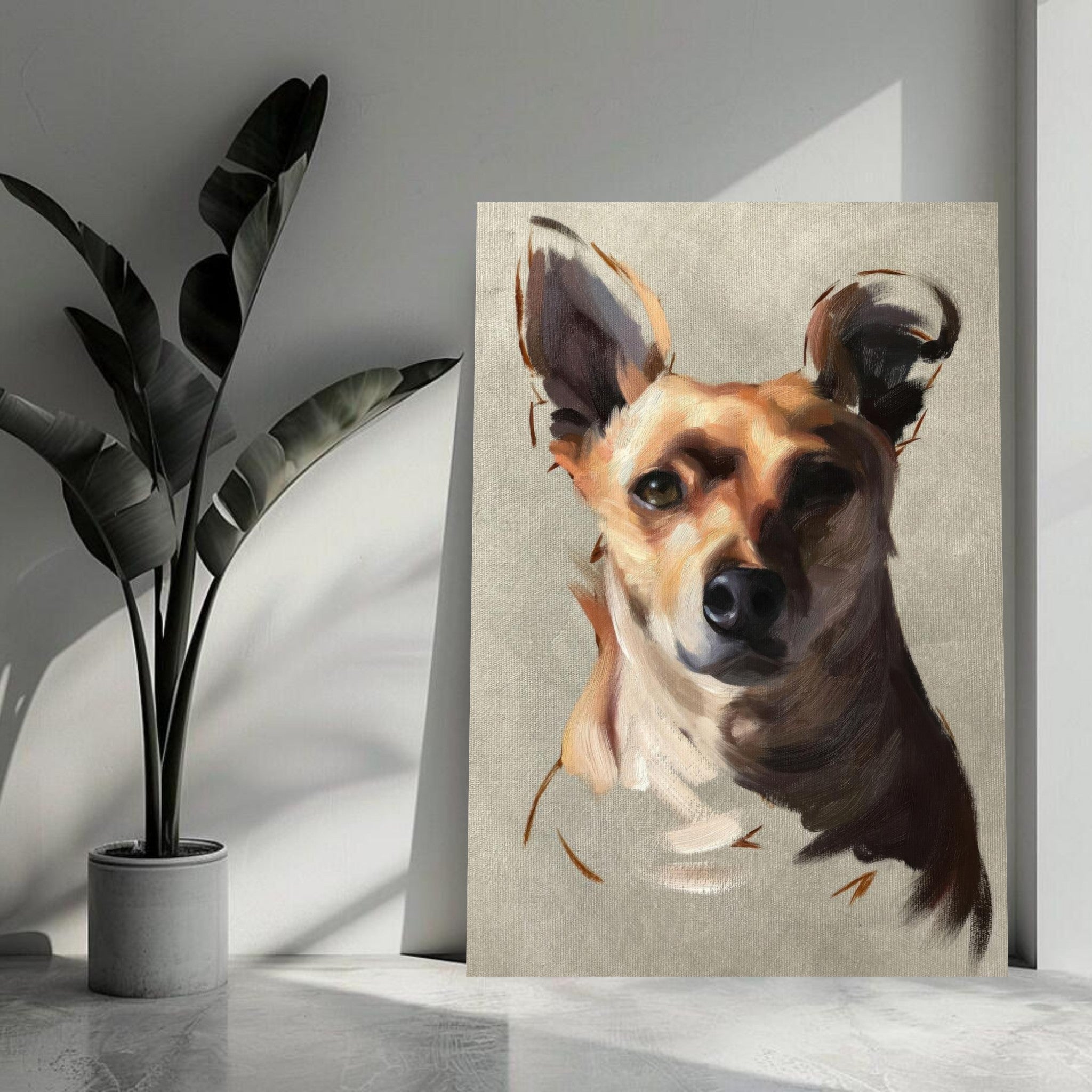 Chihuahua dog painting metal print featuring a detailed portrait against a modern decor background.