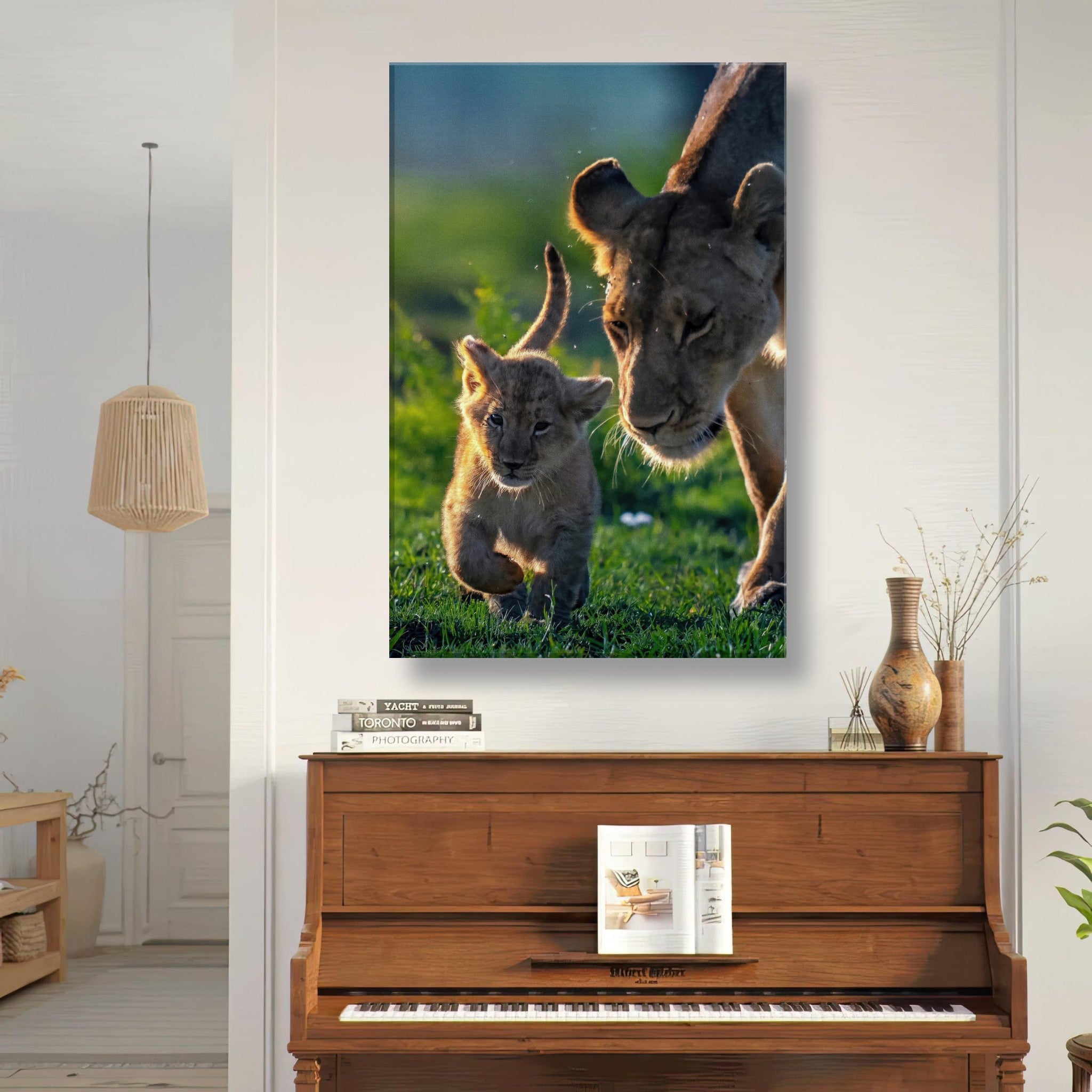 Protective lion mother and cub canvas artwork showcasing strength and tenderness in living space.