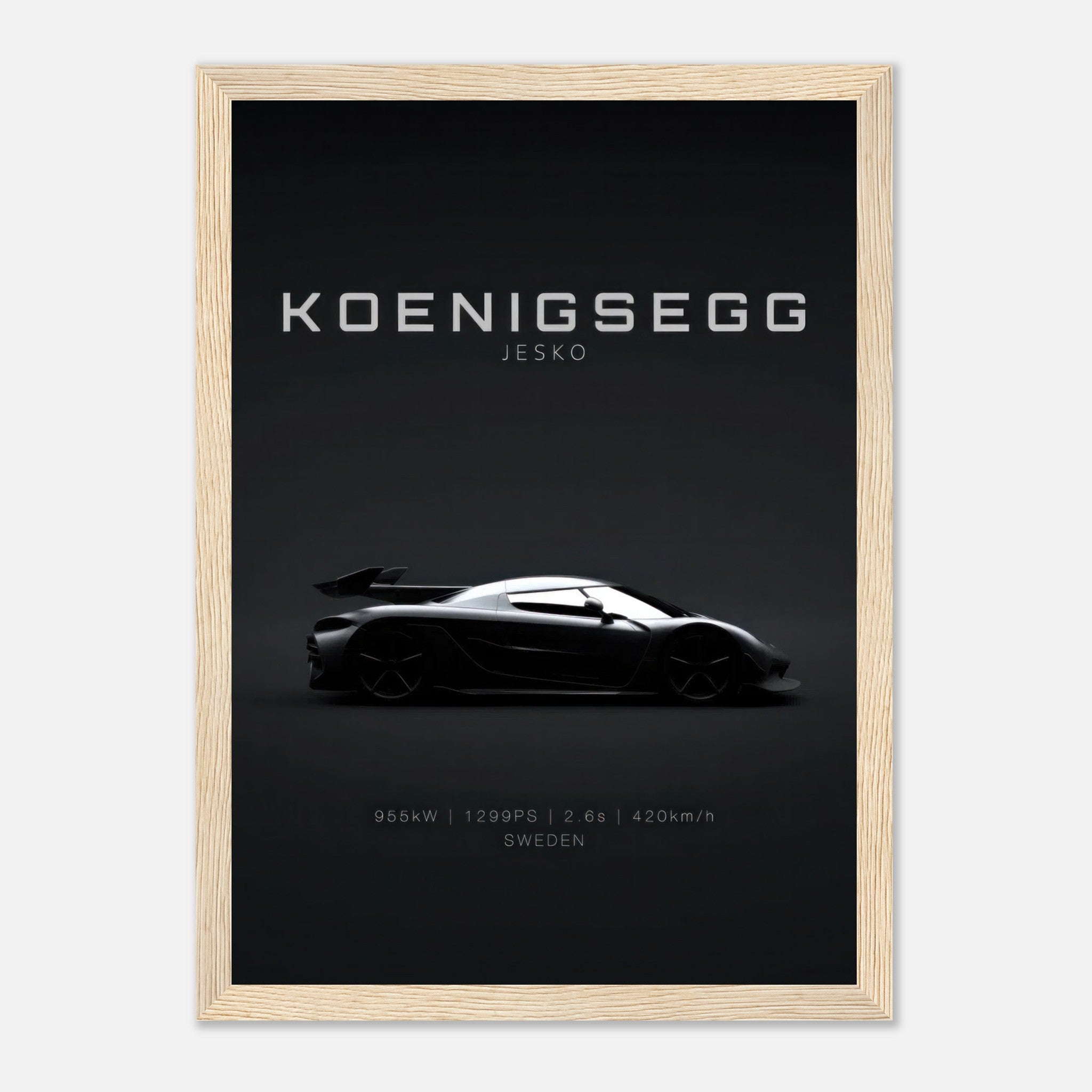 Koenigsegg Jesko framed poster showcasing sleek hypercar silhouette against minimalistic black background.