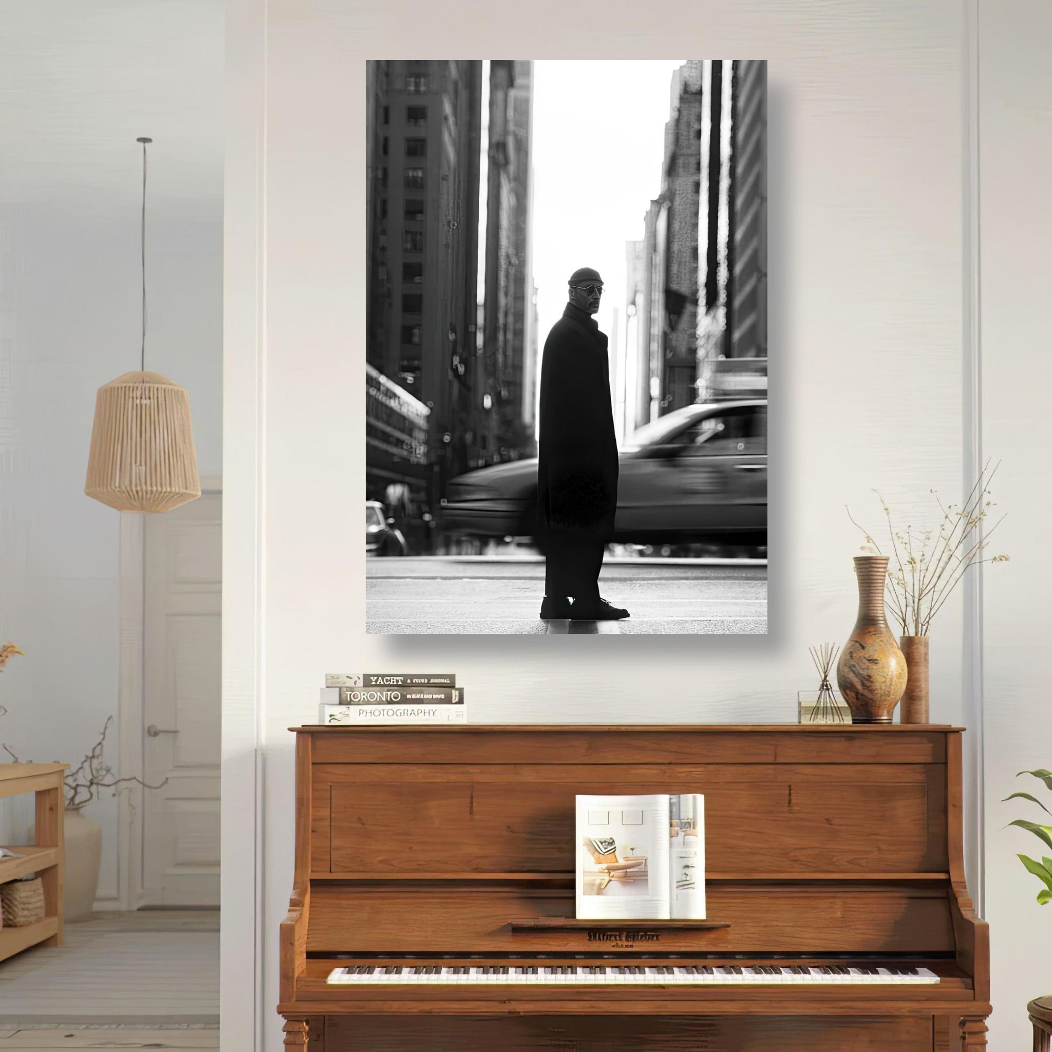 Jean Reno as Leon in black-and-white metal print, showcasing New York City streets in a stylish living room.