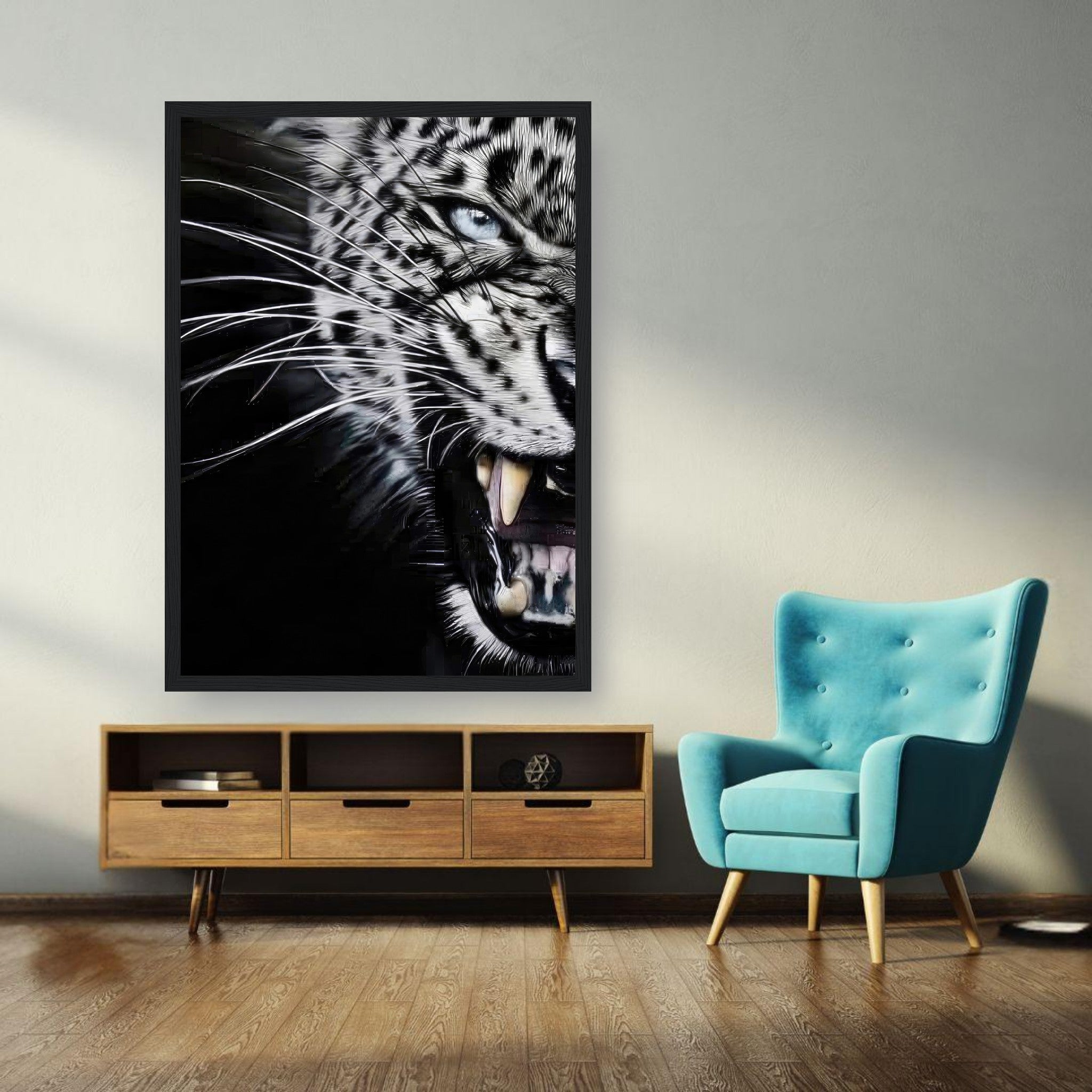 Leopard close-up portrait framed print showcasing intense expression and detailed features in a stylish living room setting.