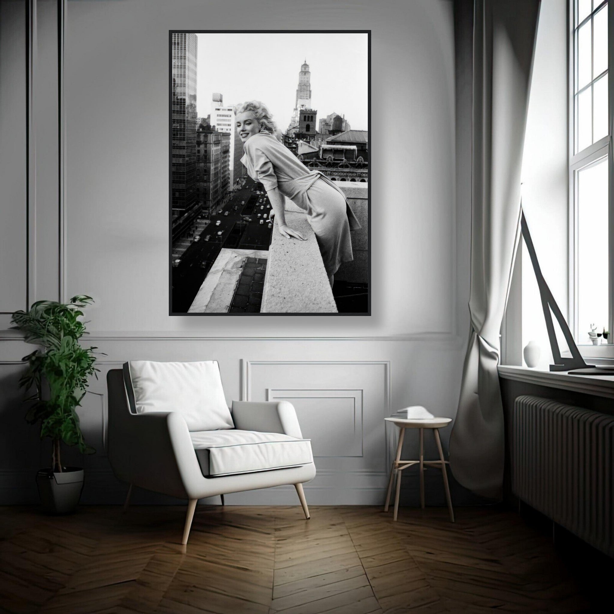 Marilyn Monroe framed print on New York rooftop, showcasing her classic style and iconic beauty in black-and-white.