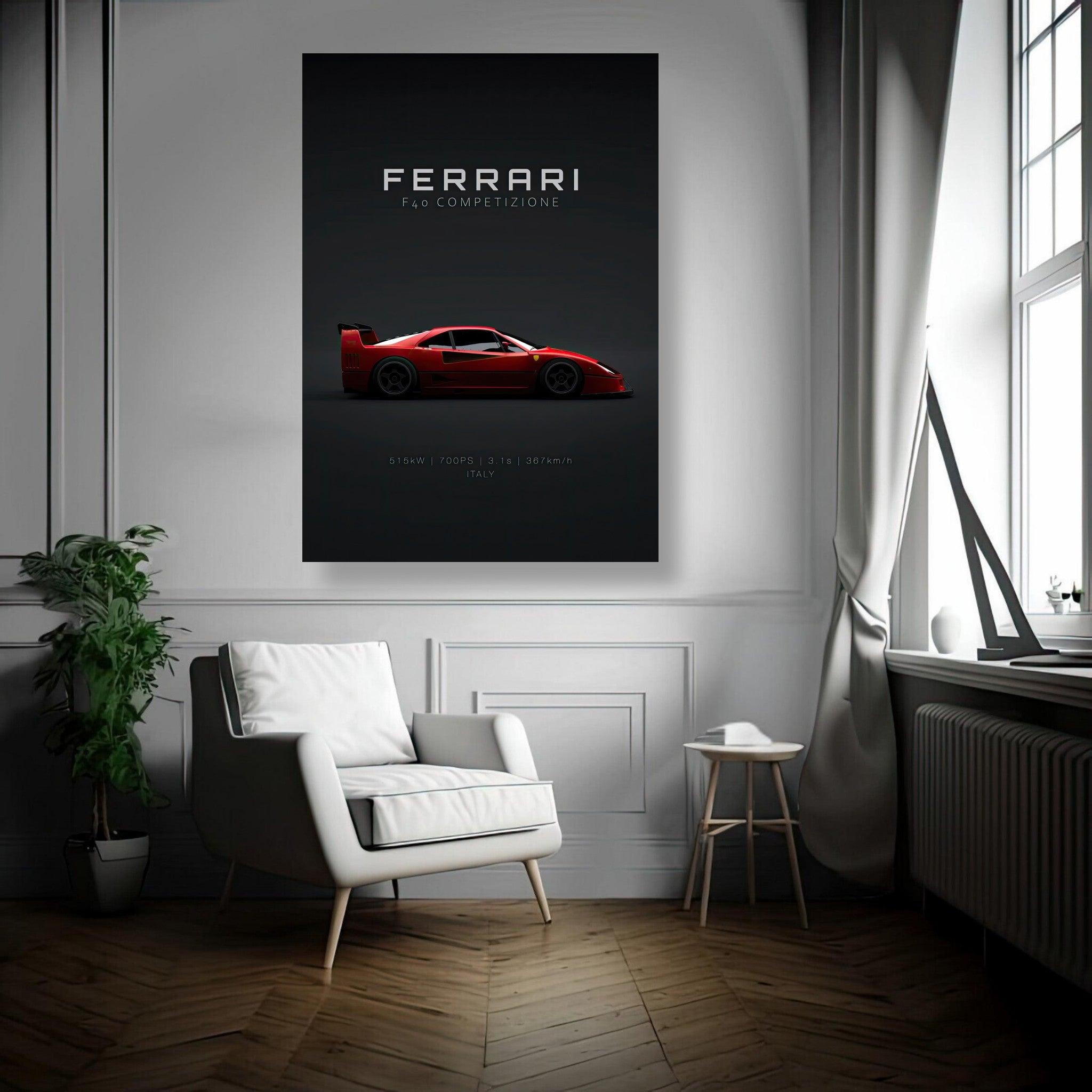 Ferrari F40 Competizione metal print displayed in modern interior, showcasing sleek design and bold red color.