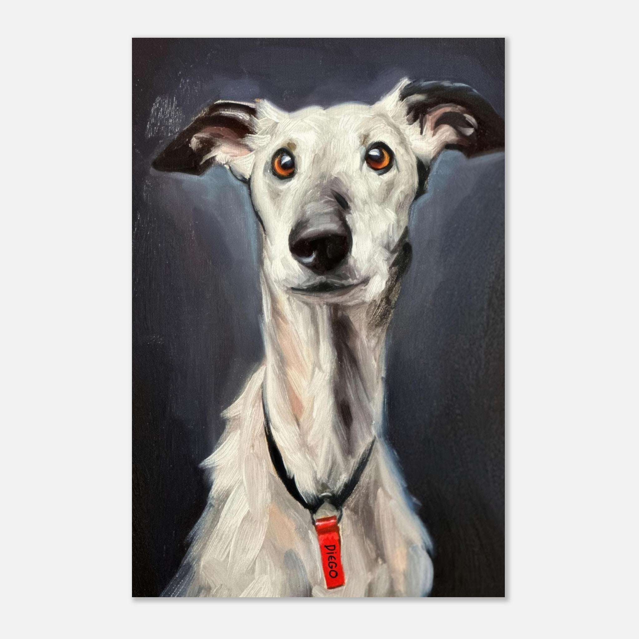 Greyhound dog painting metal print showcasing a graceful breed with expressive eyes and sleek features.
