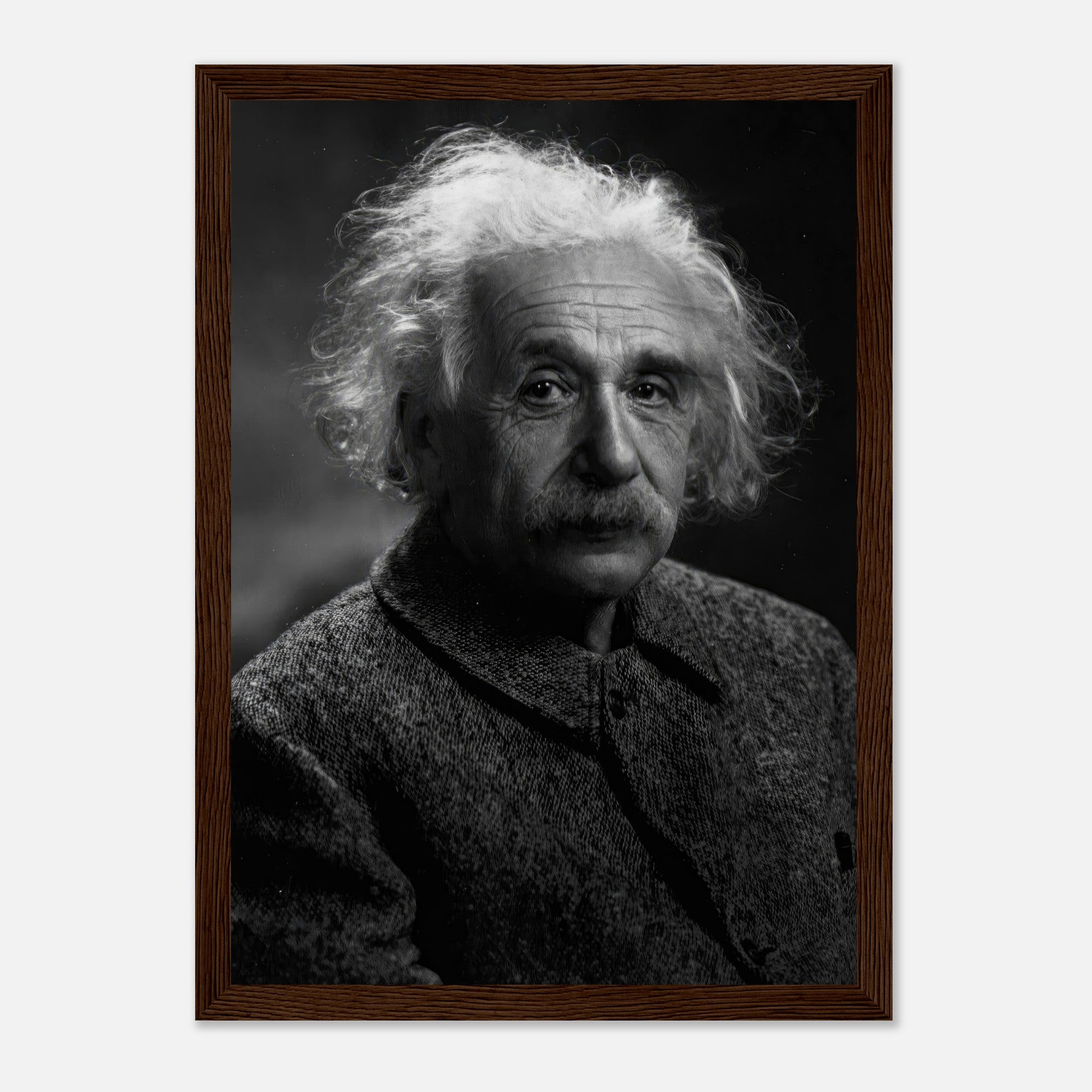 Framed portrait of Albert Einstein in black and white, capturing his thoughtful expression for home or office decor.