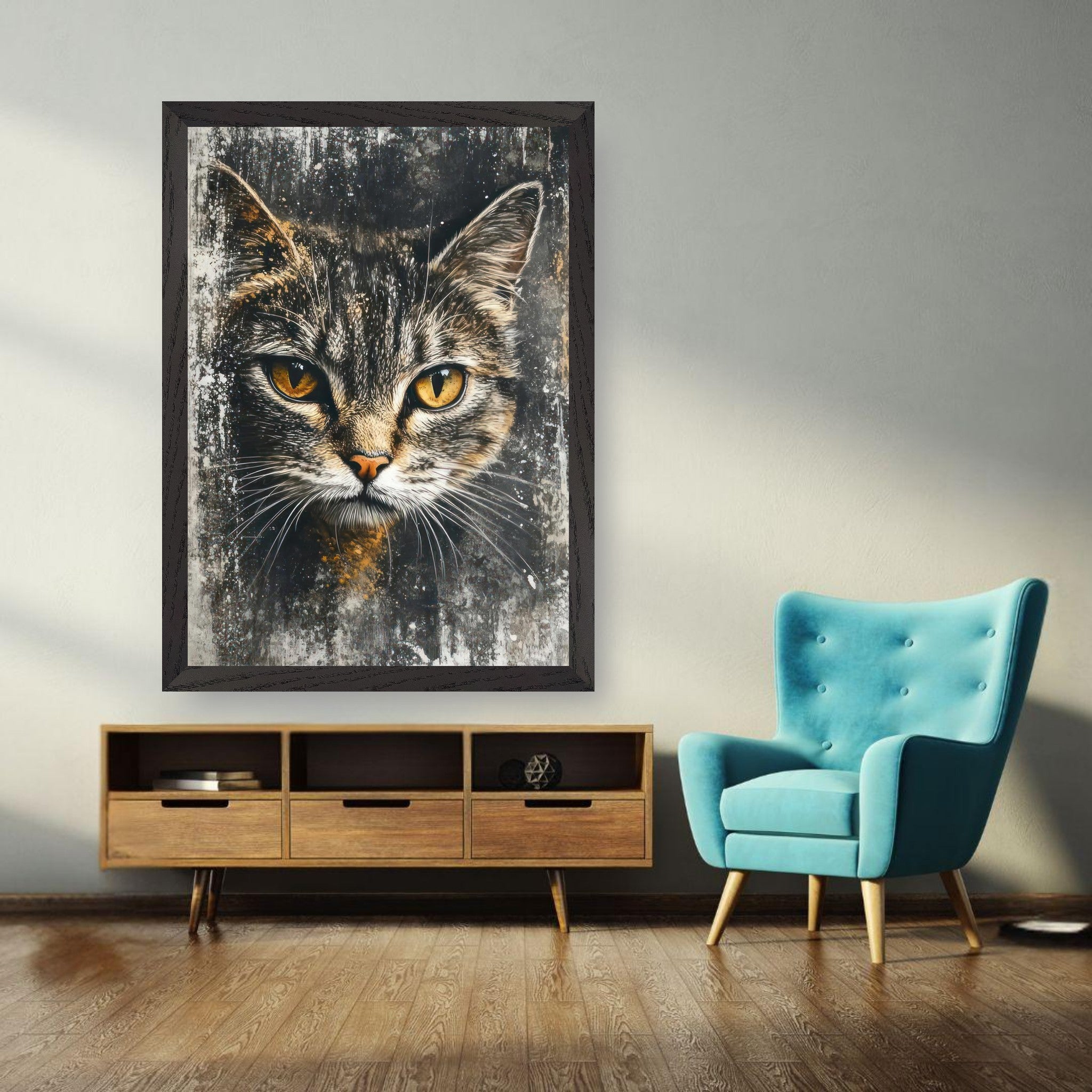 Vintage framed cat painting with golden eyes enhancing home decor in stylish living room.