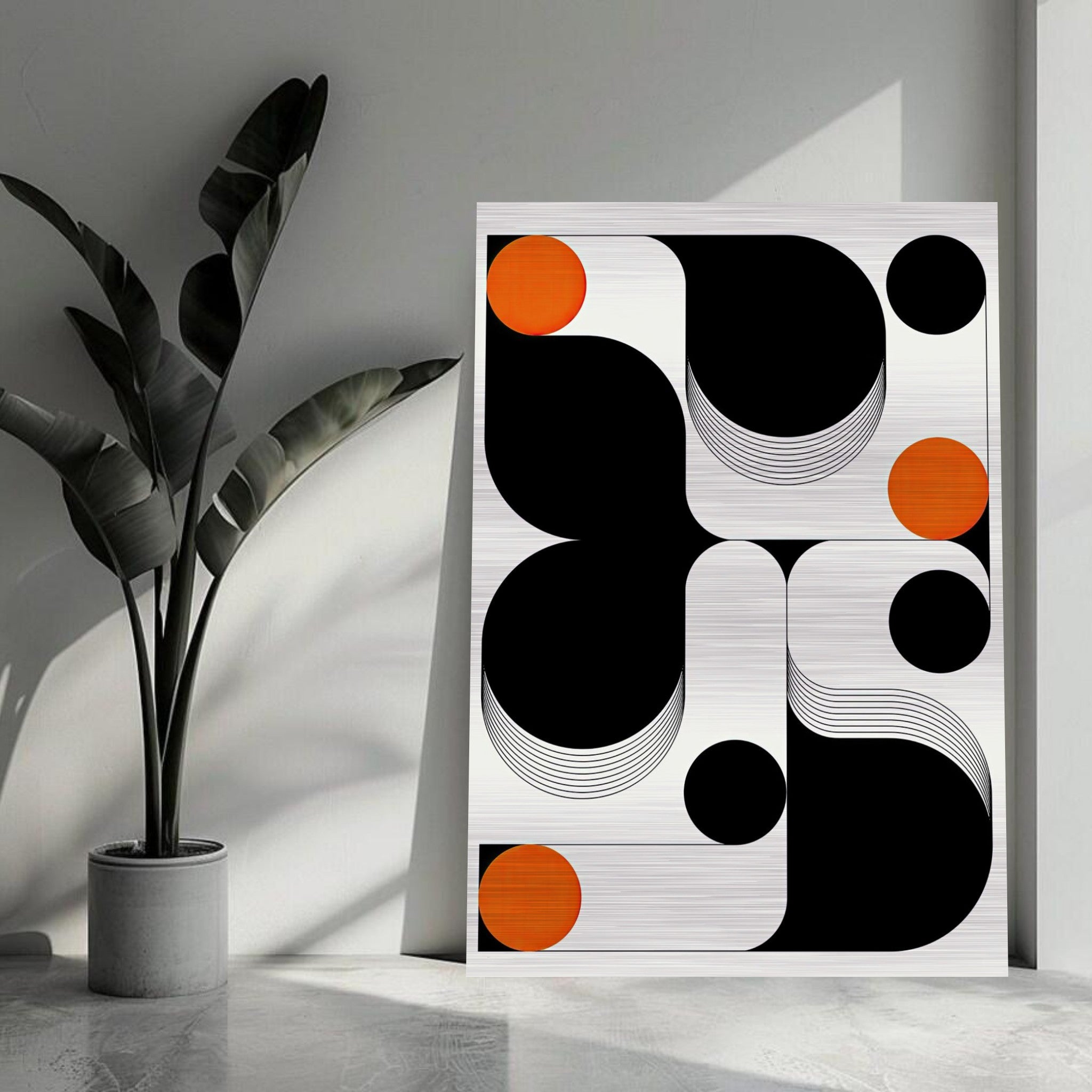 Modern geometric abstract art print in black and white with orange accents on brushed metal background.